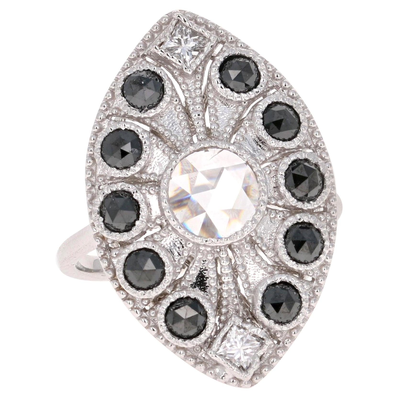 1.58 Carat Black and White Rose Cut Diamond Art Deco 18 Karat White Gold Ring
