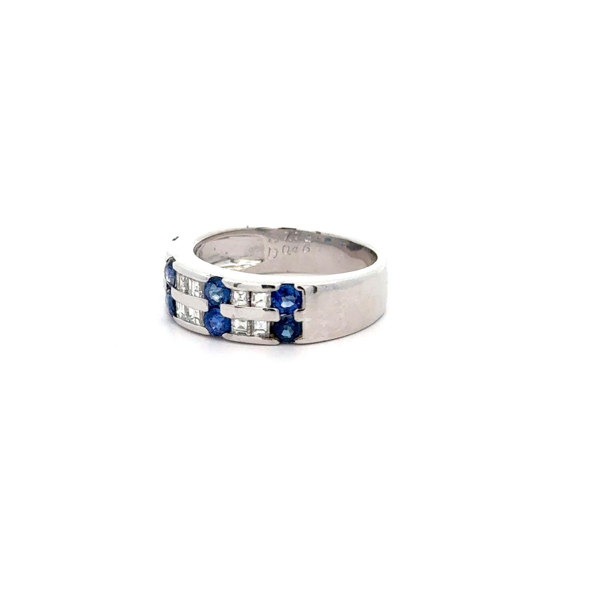 Women's 1.58 Carat Blue Round Sapphire & Baguette Diamond Platinum 6MM Band Ring For Sale