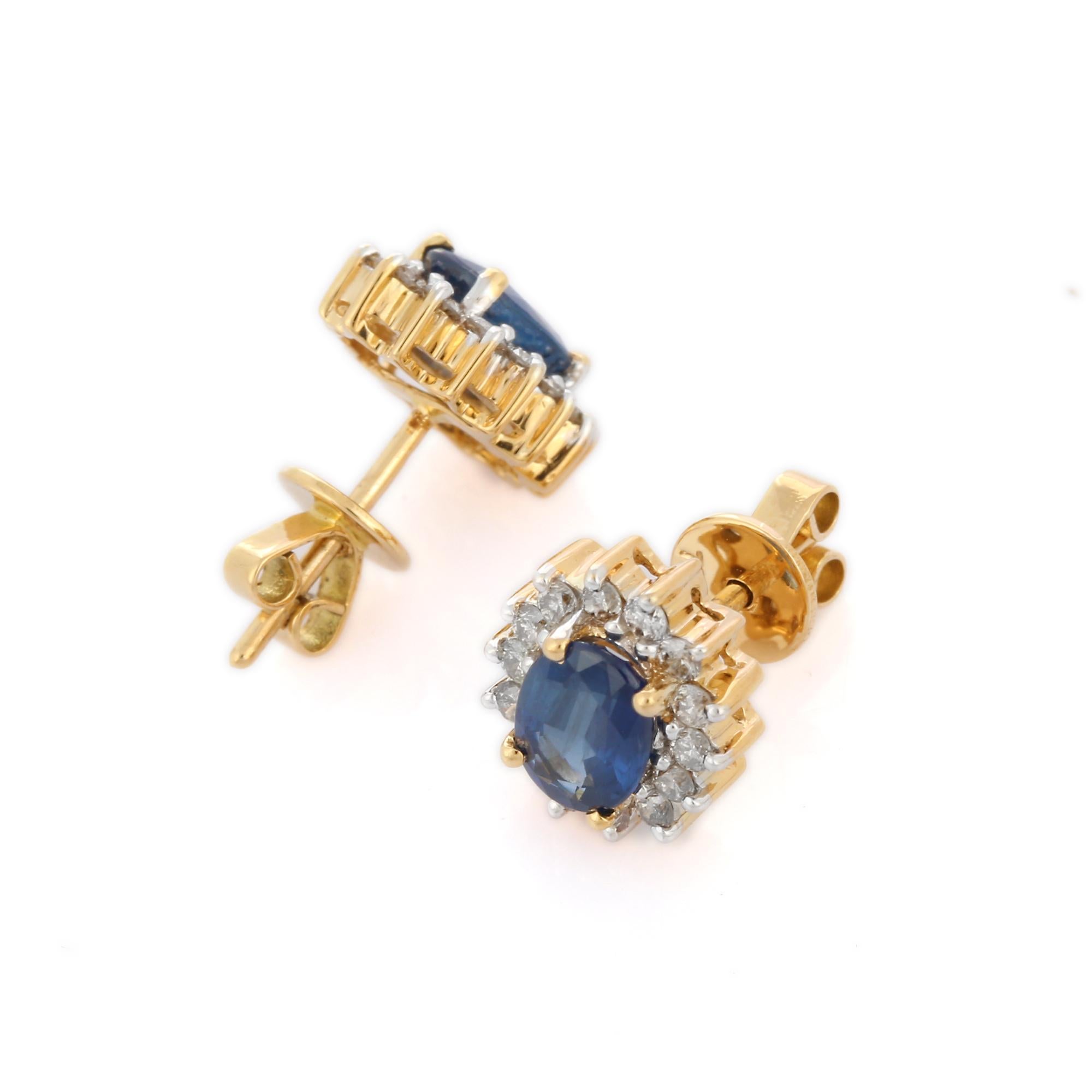 Modern 1.58 Carat Blue Sapphire and Diamond Earrings Studded in 18K Solid Yellow Gold For Sale