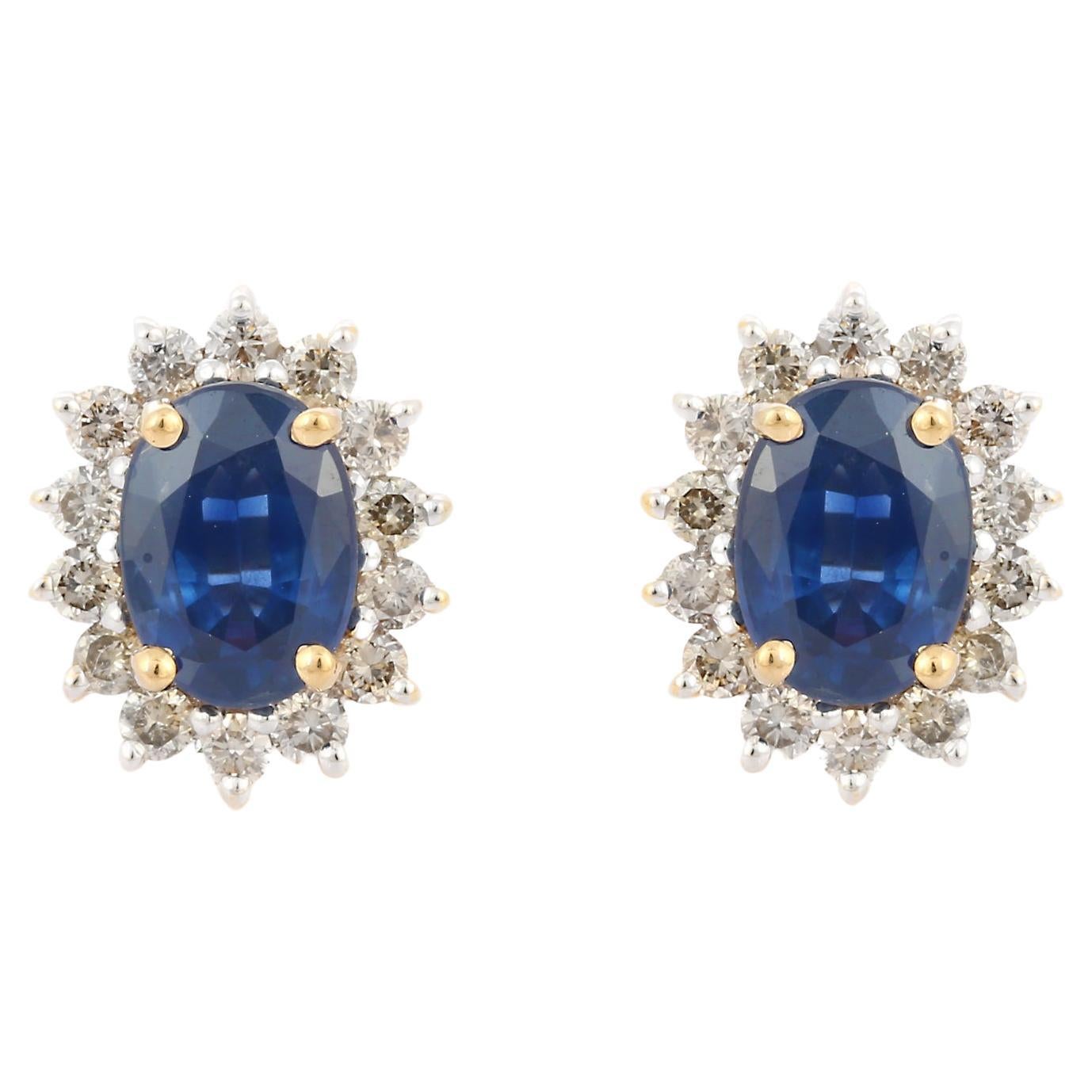 1.58 Carat Blue Sapphire and Diamond Earrings Studded in 18K Solid Yellow Gold