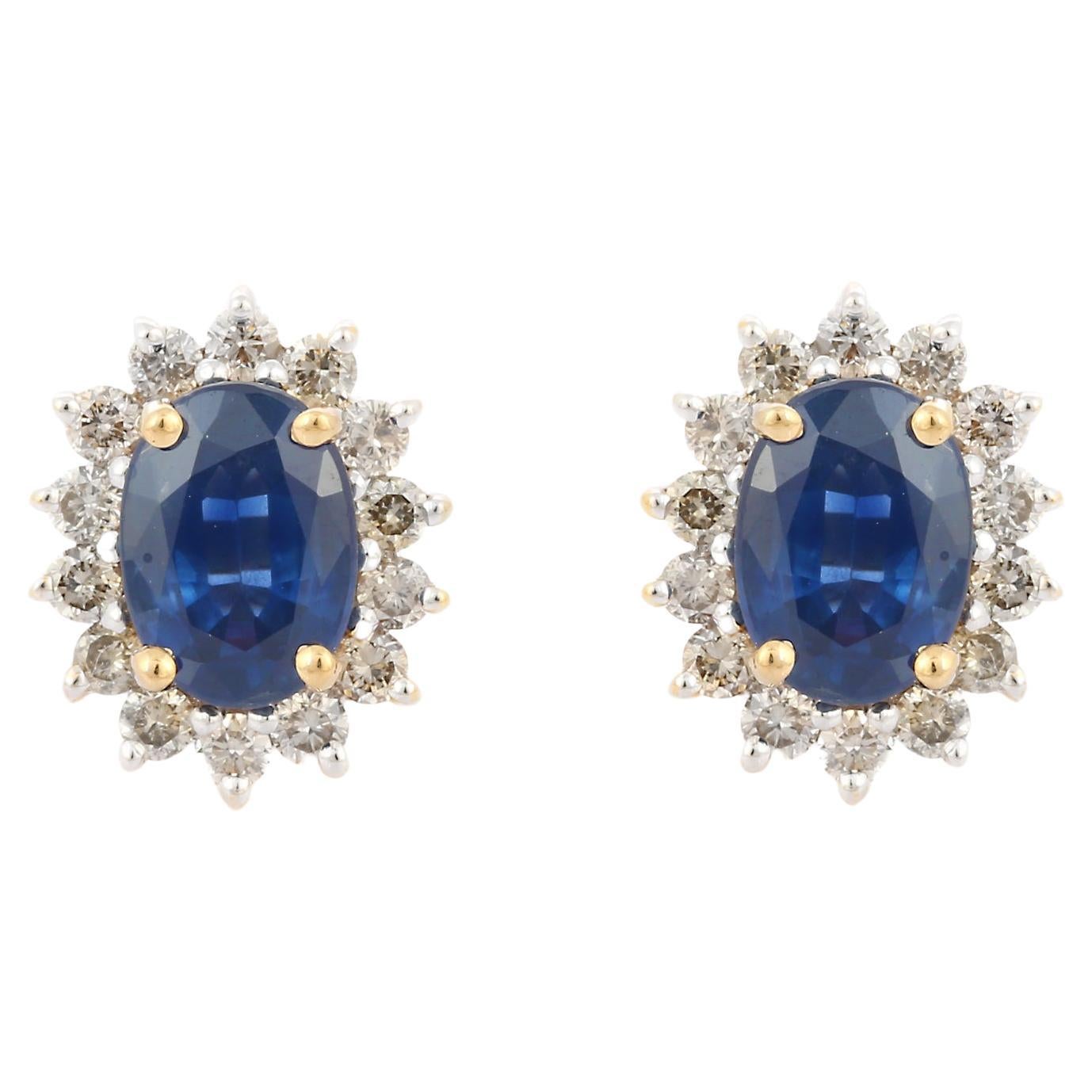 1.58 Carat Blue Sapphire and Diamond Earrings Studded in 18K Solid Yellow Gold