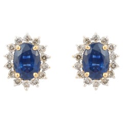 1.58 Carat Blue Sapphire and Diamond Earrings Studded in 18K Solid Yellow Gold