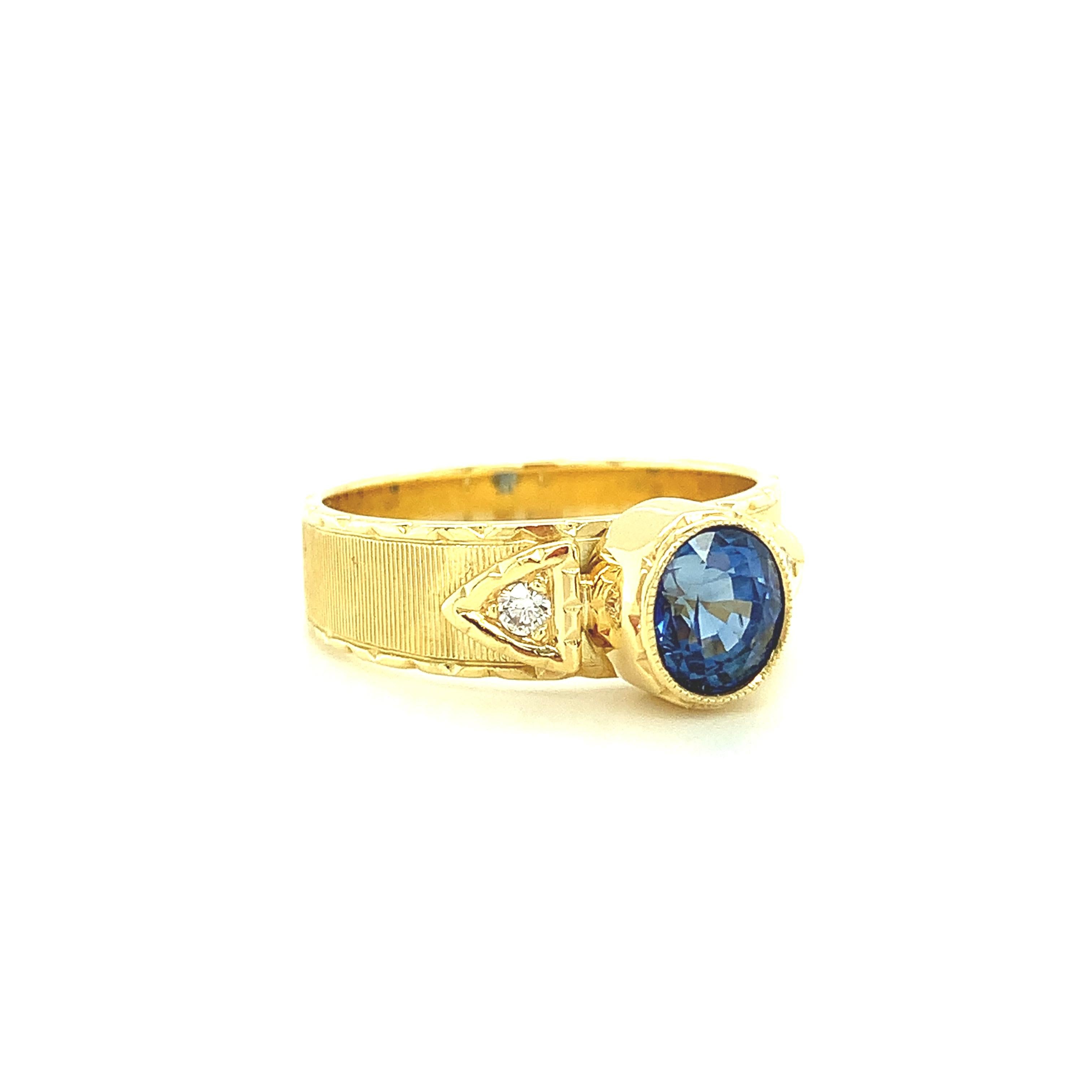 Oval Cut 1.58 Carat Blue Sapphire and Diamond Hand-Engraved Band Ring in 18k Yellow Gold  For Sale
