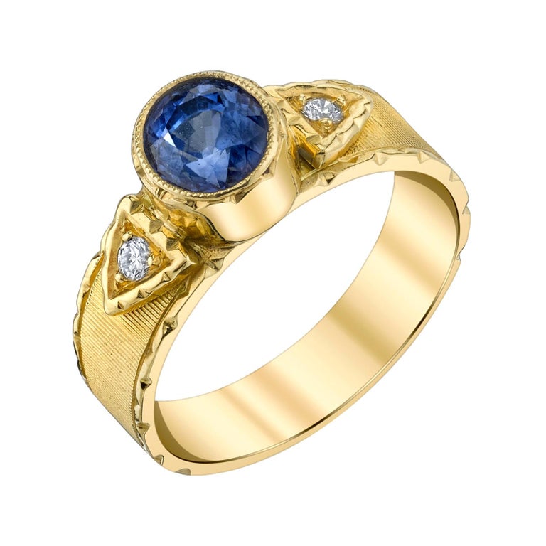 1.58 Carat Blue Sapphire, Diamond Yellow Gold Engraved Signet Band Ring ...