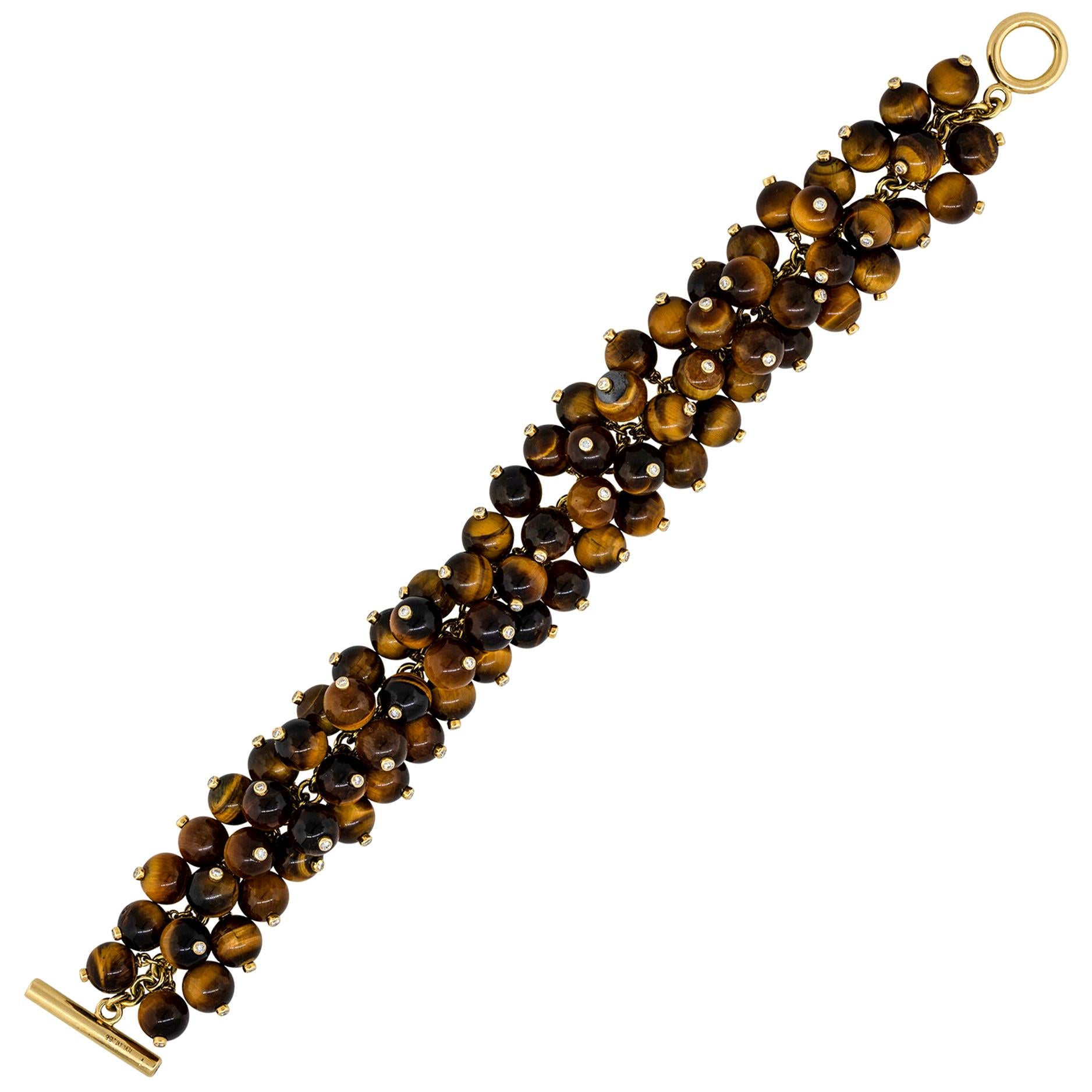 1.58 Carat Diamond Accent Tiger's Eye Bead Bracelet 18 Karat in Stock