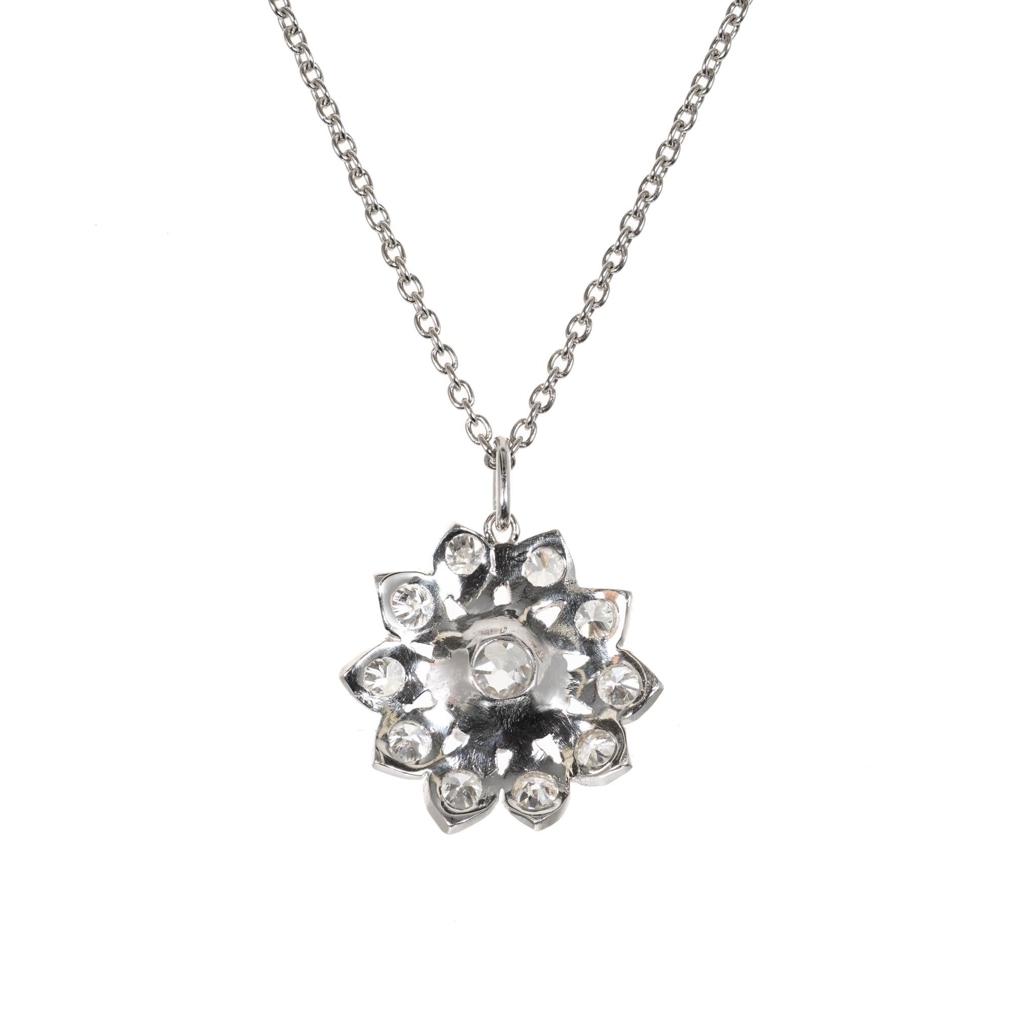 Old European Cut 1.58 Carat Diamond Platinum Flower Pendant Necklace For Sale