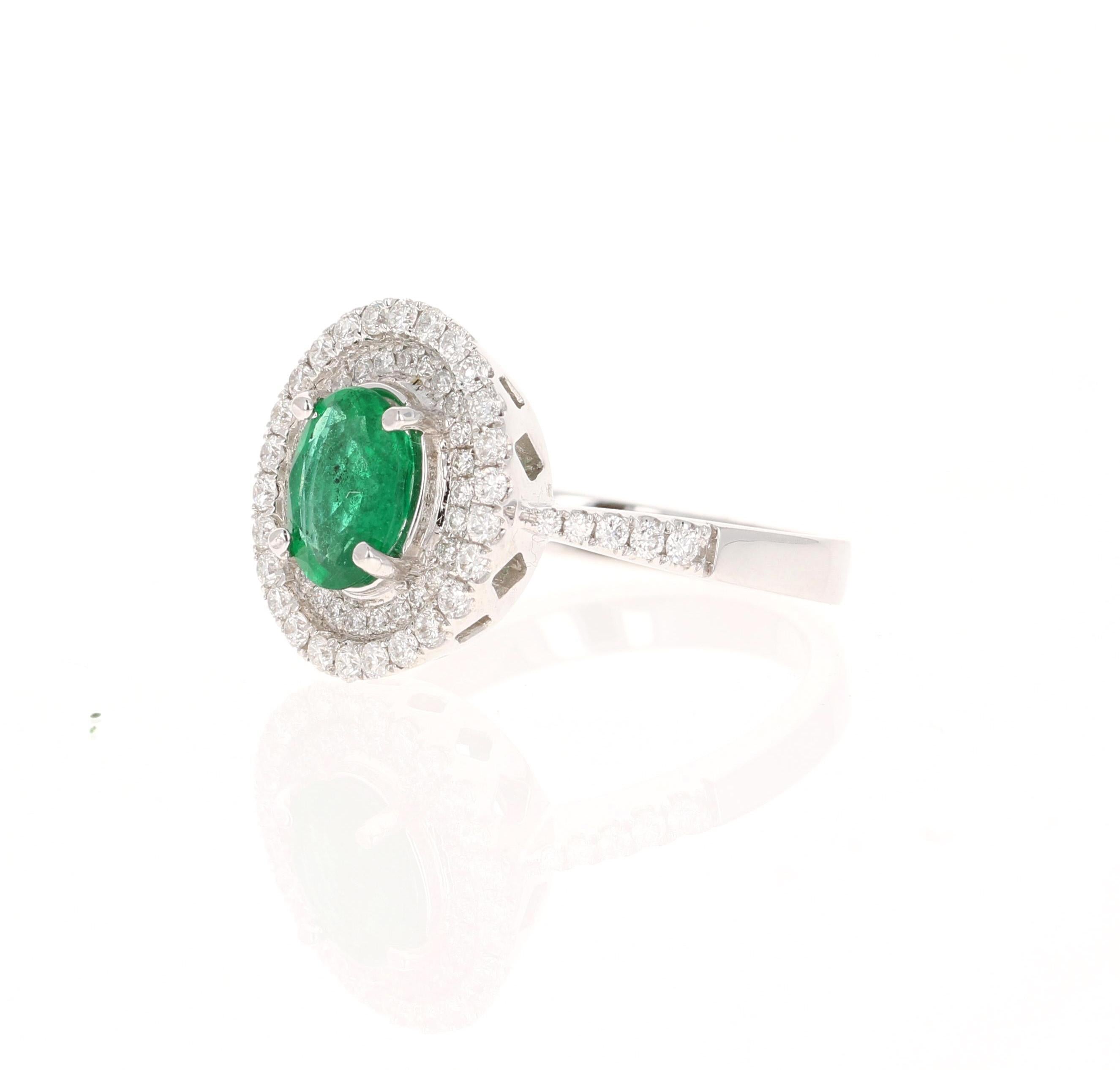 Women's 1.58 Carat Emerald and Diamond 18 Karat White Gold Engagement Ring For Sale