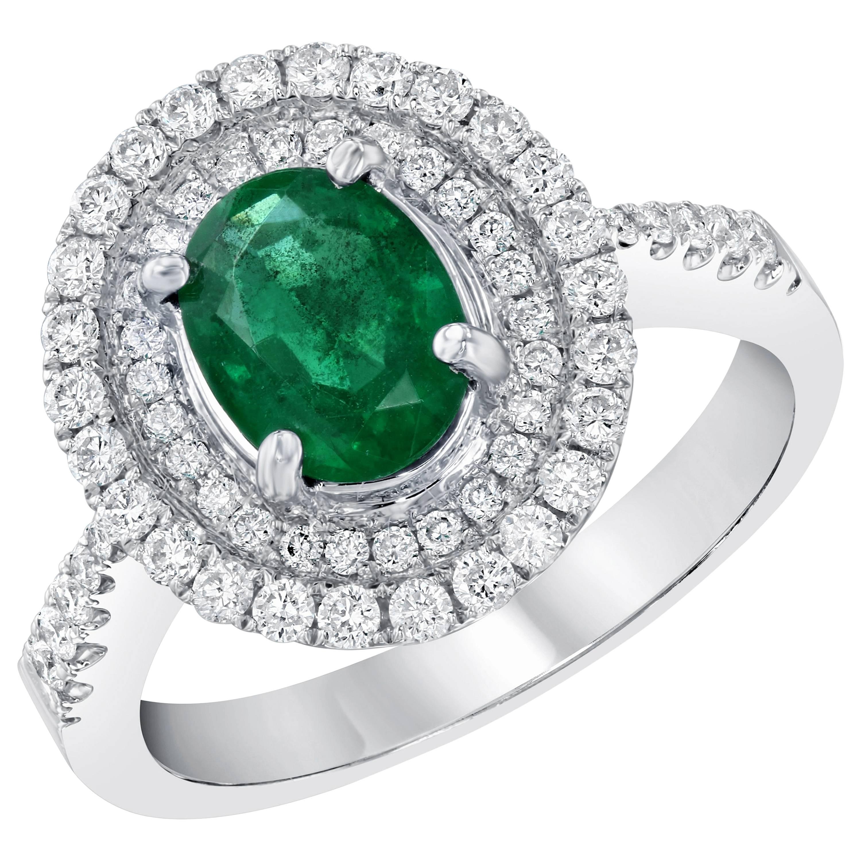 1.58 Carat Emerald and Diamond 18 Karat White Gold Engagement Ring For Sale