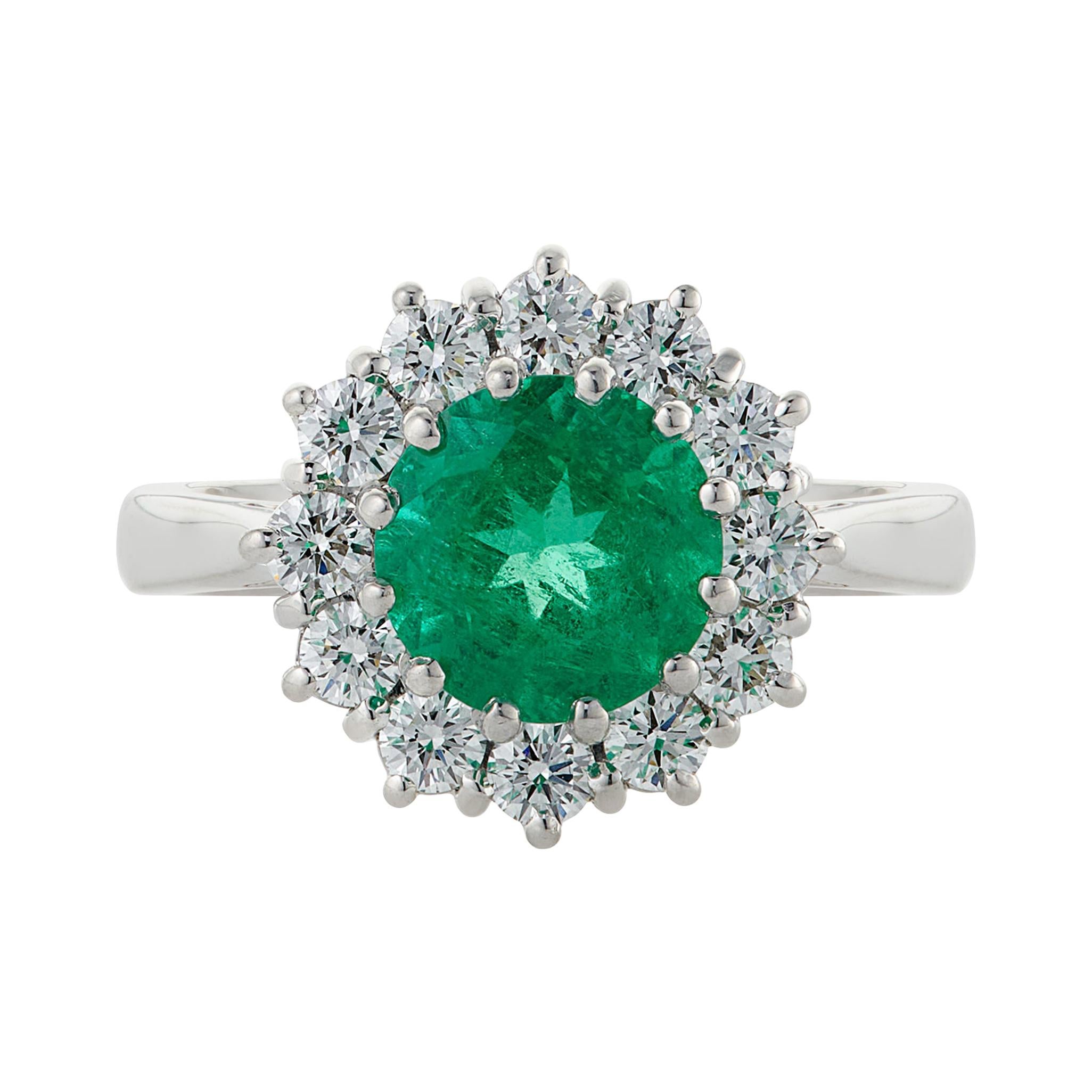 1.58 Carat Emerald and Diamond 18ct White Gold Cluster Ring