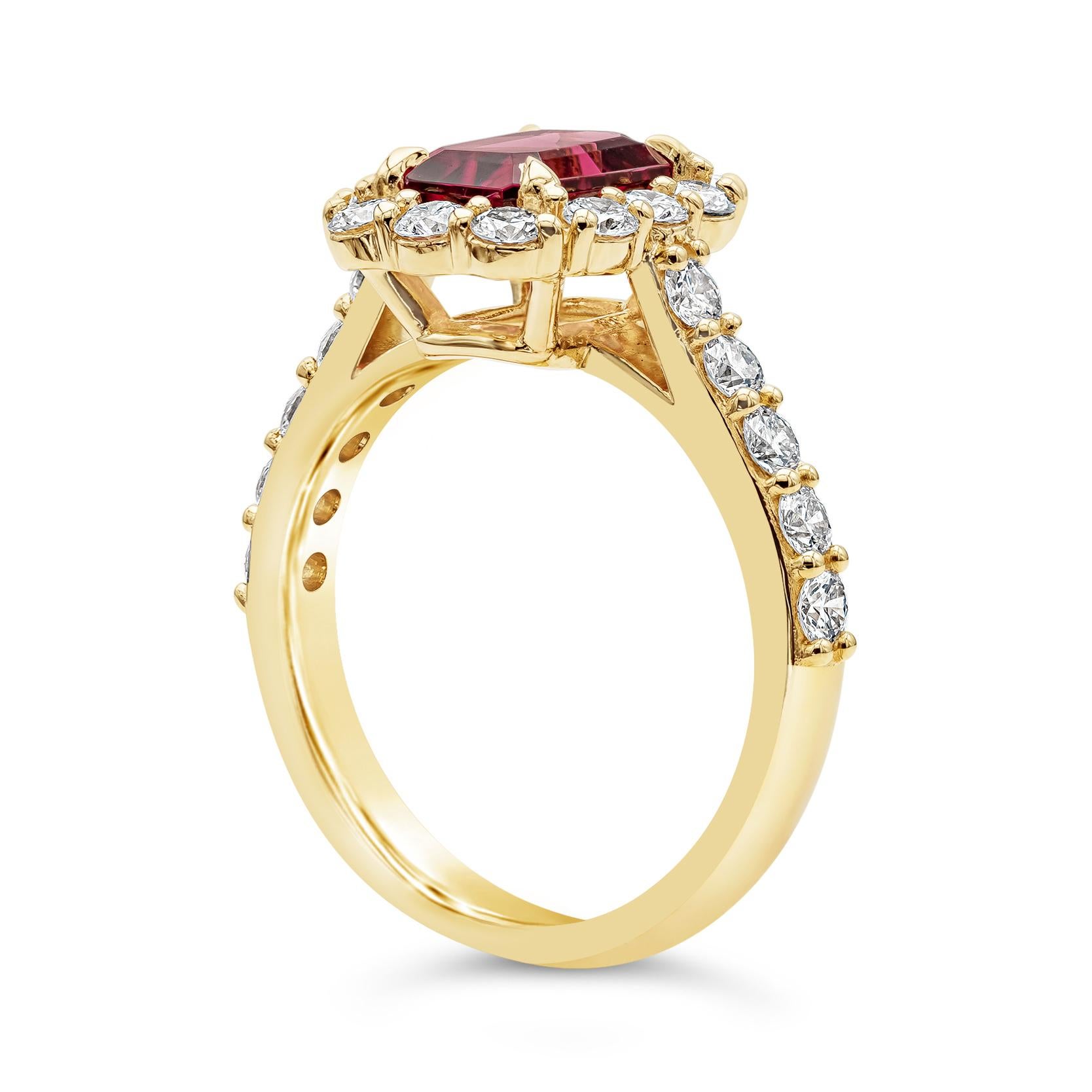 Contemporary Roman Malakov 1.58 Carats Emerald Cut Rubellite and Diamond Halo Engagement Ring
