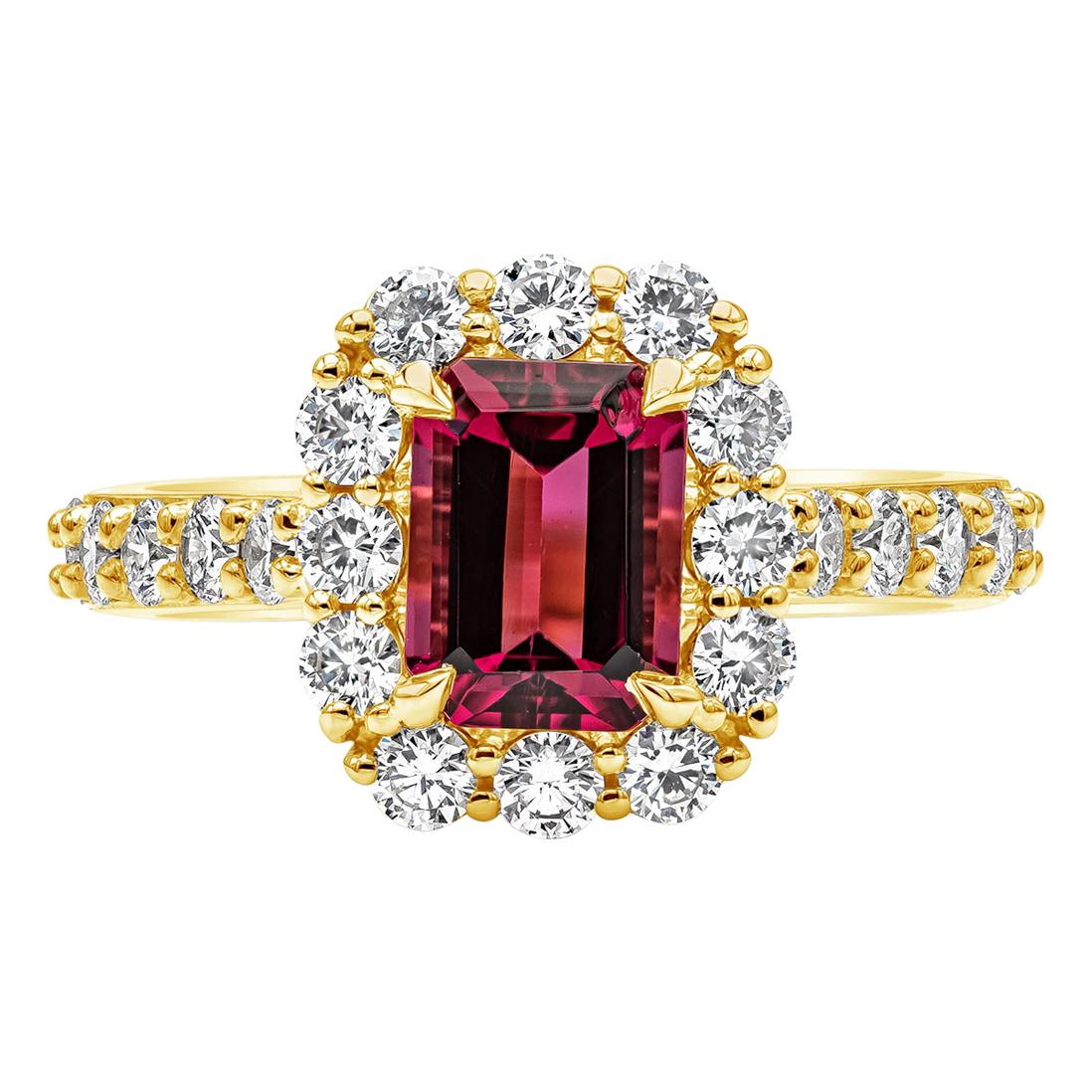 Roman Malakov 1.58 Carats Emerald Cut Rubellite and Diamond Halo Engagement Ring