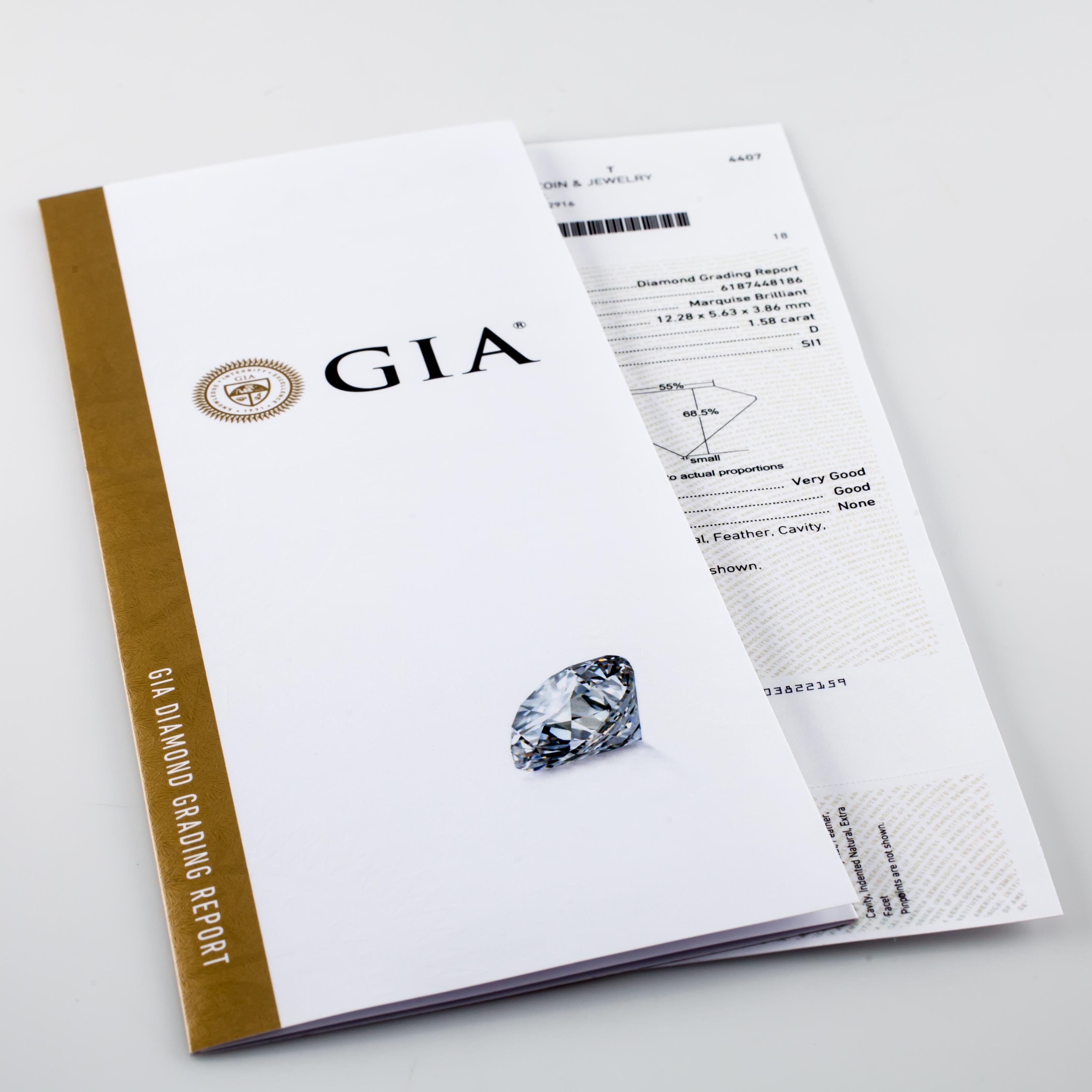 Diamant taille brillant marquise 1,58 carat non serti D / SI1 certifié GIA en vente 2