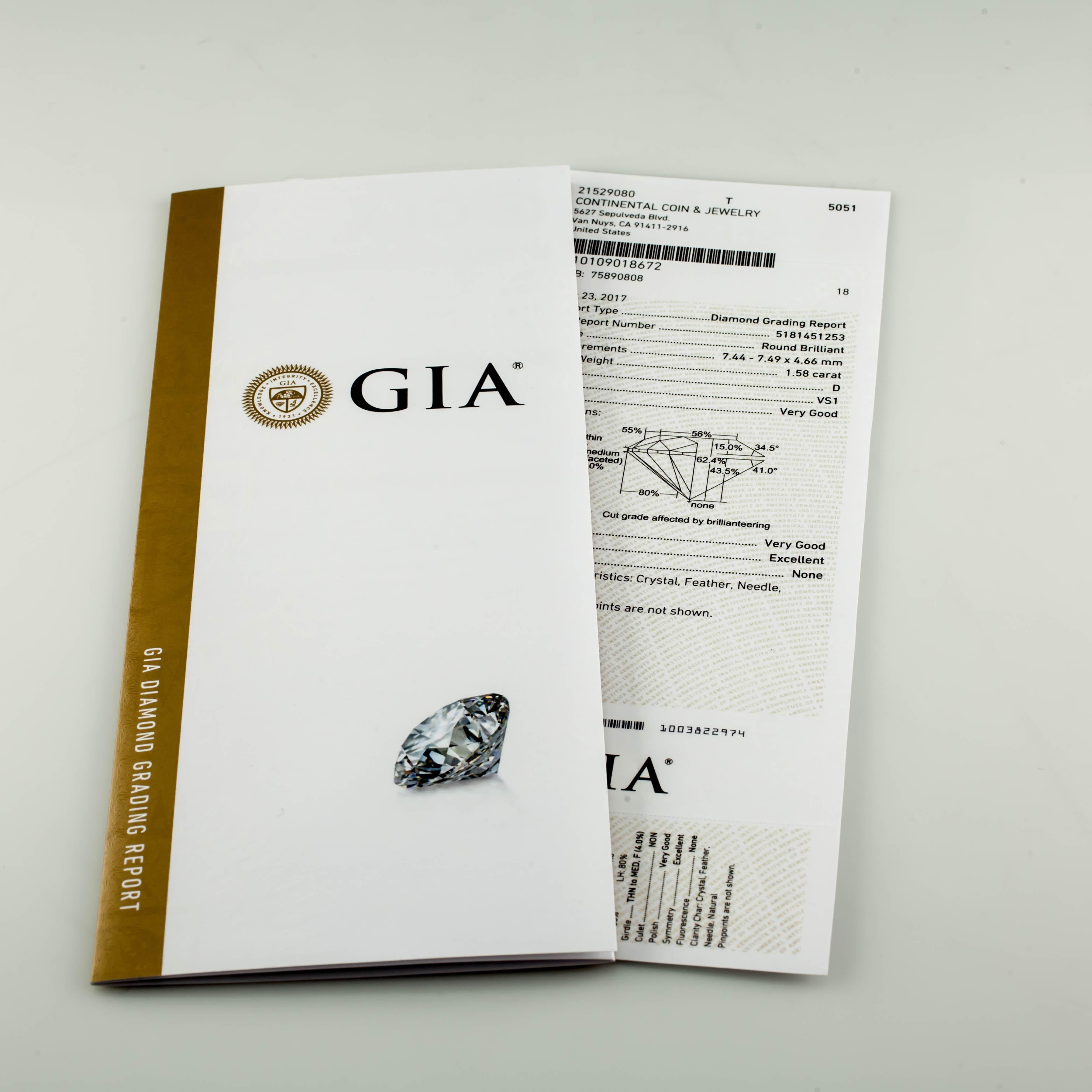 1.58 Carat Loose D / VS1 Round Brilliant Cut Diamond GIA Certified For Sale 1