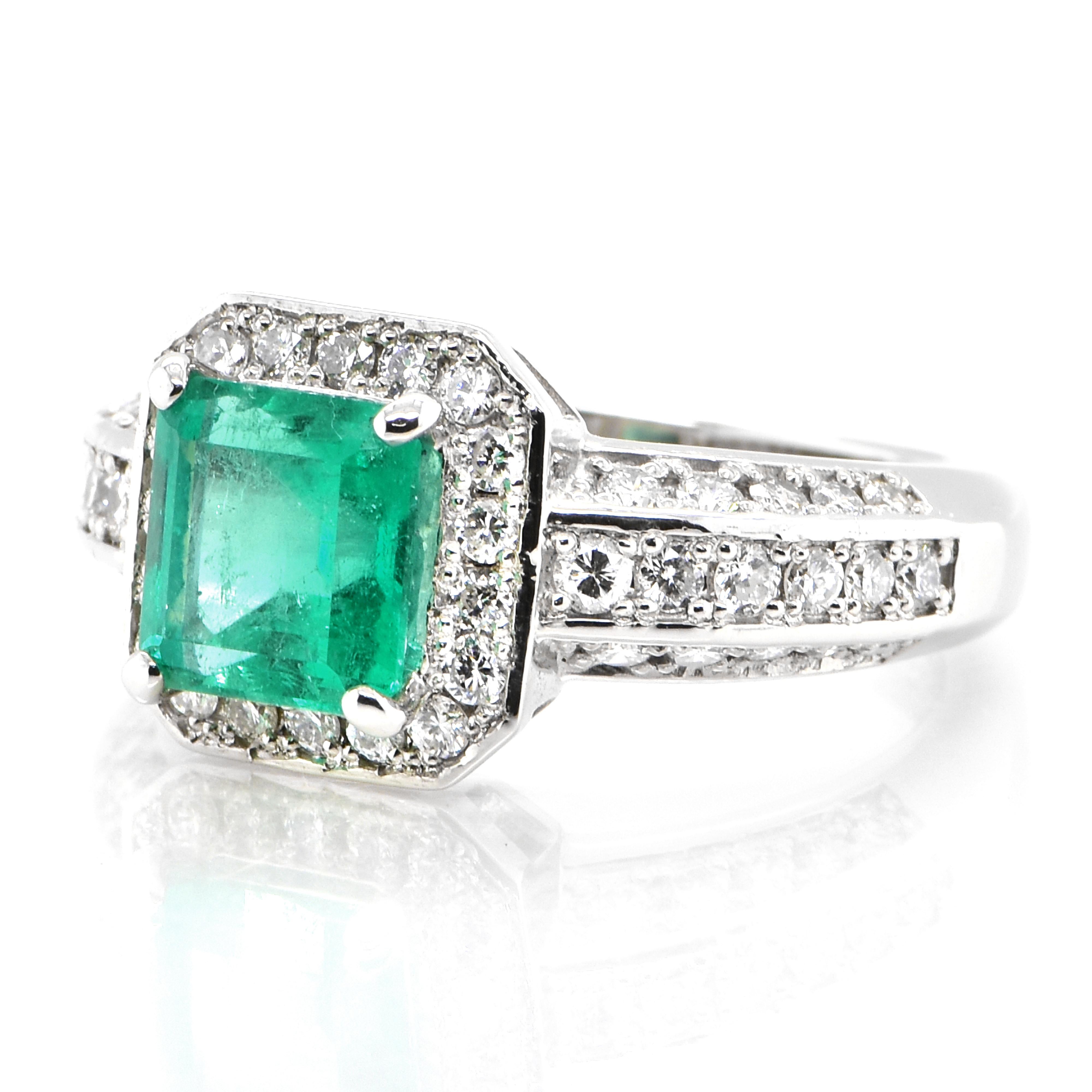 A stunning ring featuring a 1.584 Carat Natural Emerald and 0.72 Carats of Diamond Accents set in Platinum. People have admired emerald’s green for thousands of years. Emeralds have always been associated with the lushest landscapes and the richest