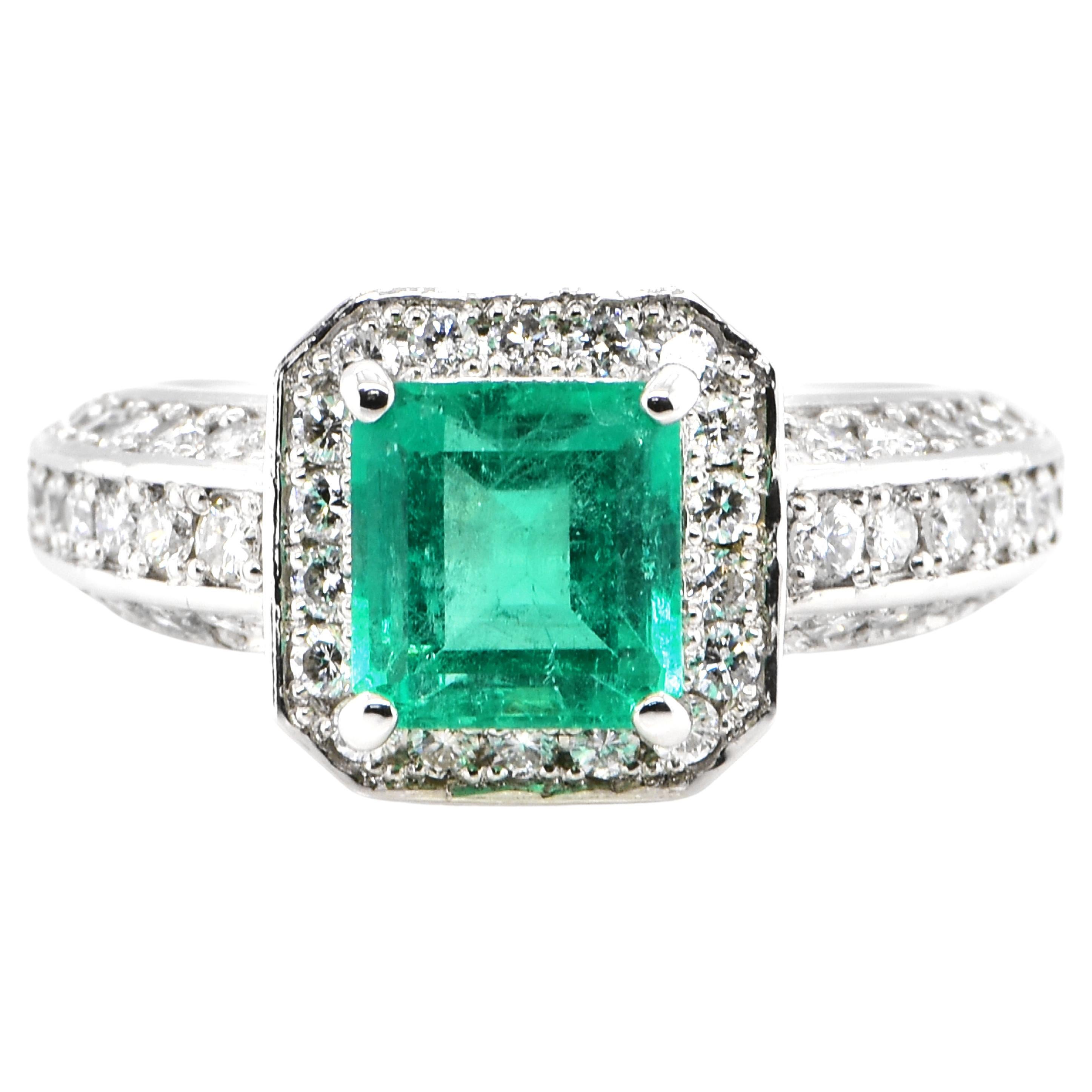 1.58 Carat Natural Colombian Emerald and Diamond Ring Set in Platinum For Sale