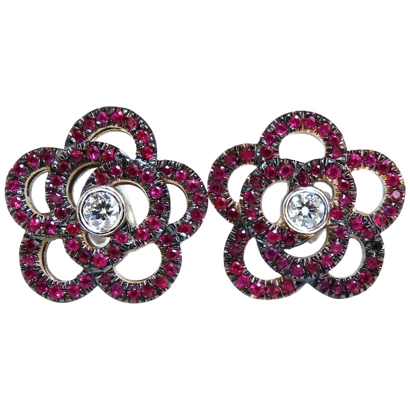 1.58 Carat Natural Ruby Diamonds Cluster Clip Earrings 14 Karat Gold Flower For Sale