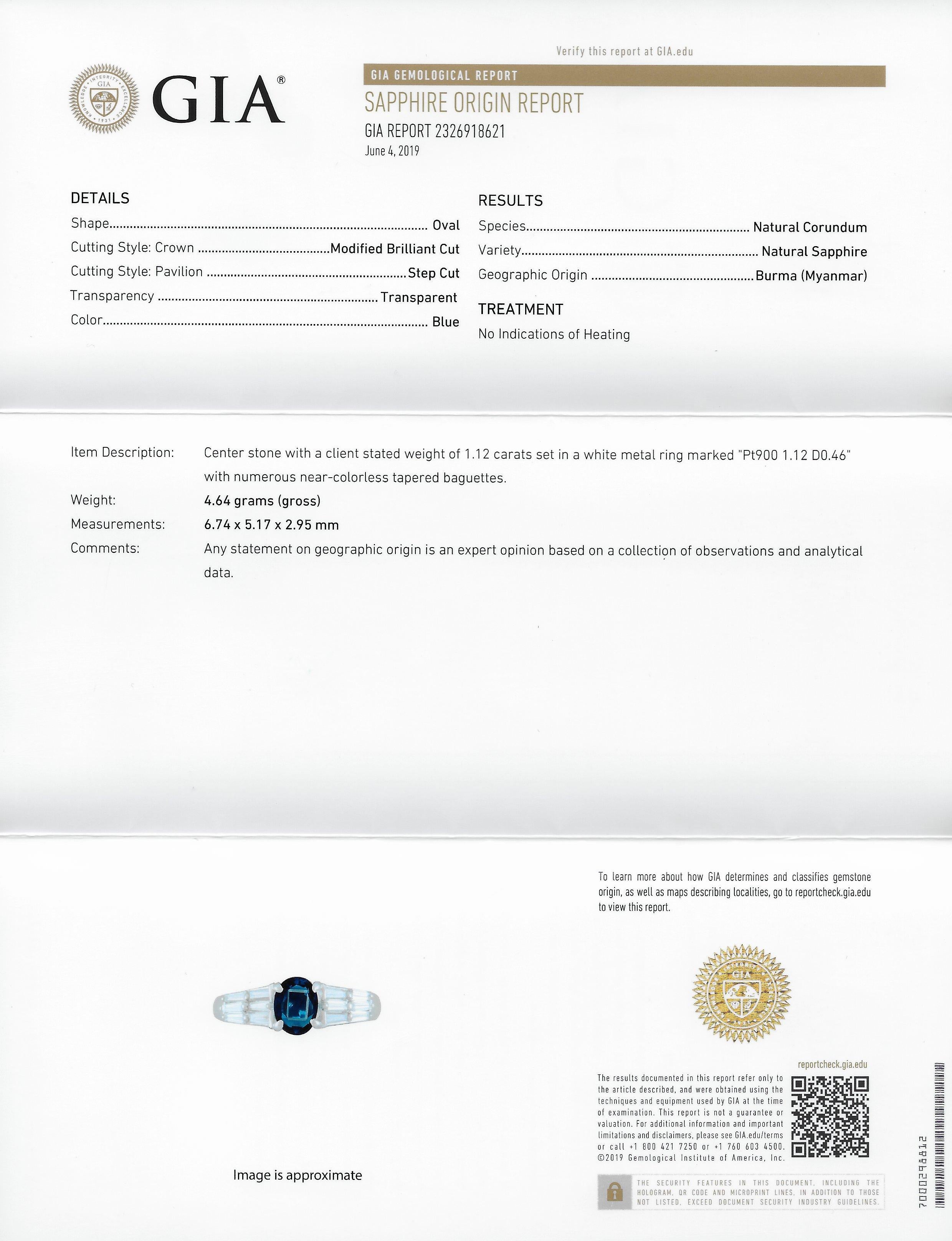 1.58 Carat No Heat Burma Sapphire Diamond Platinum Statement Ring GIA 5