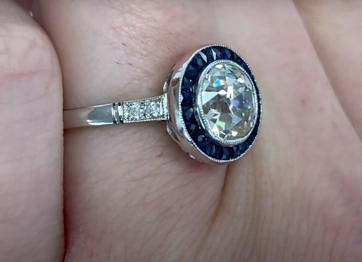 1.58 Carat Old Euro-Cut Diamond Engagement Ring, Sapphire Halo, Platinum In Excellent Condition In New York, NY