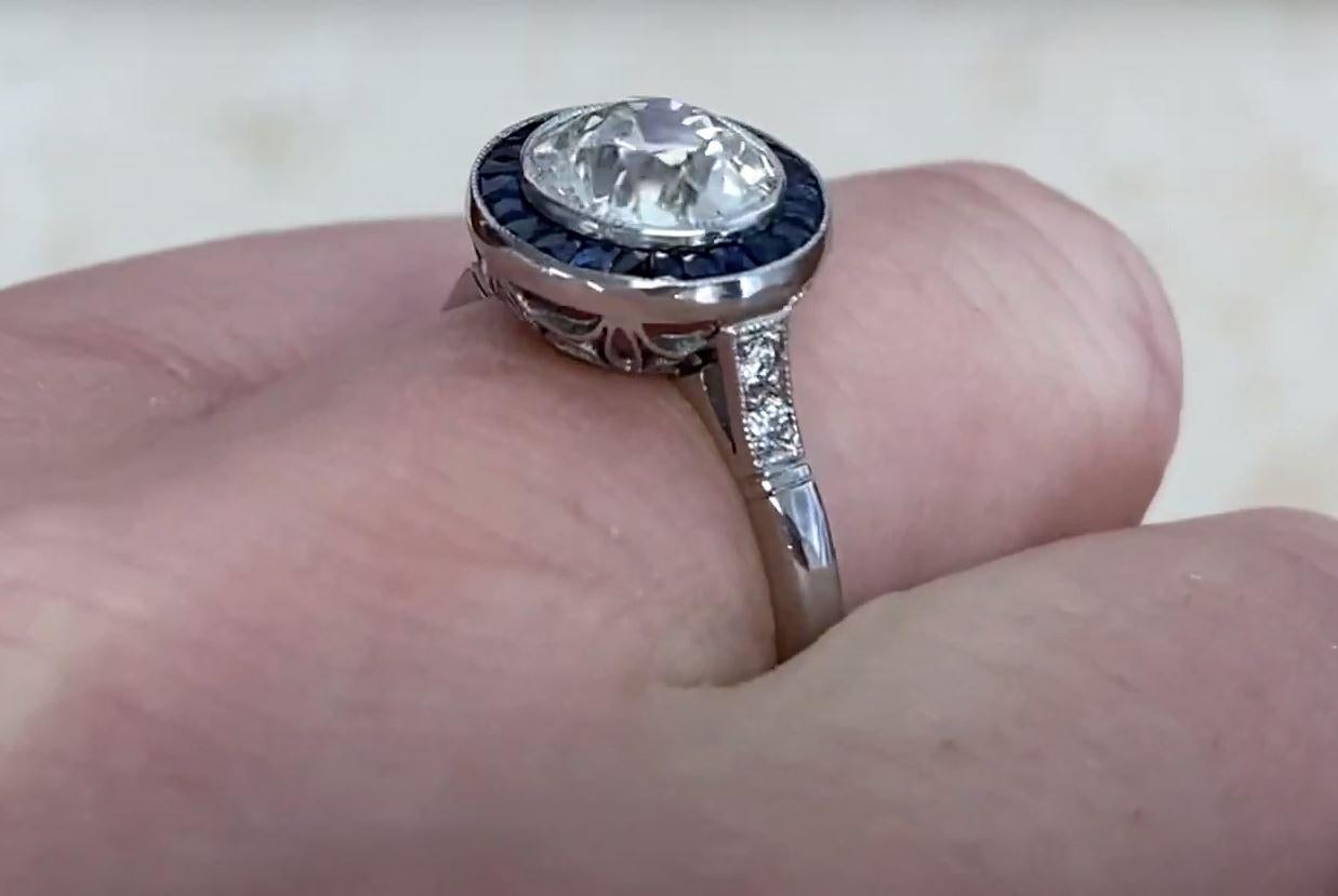 Women's 1.58 Carat Old Euro-Cut Diamond Engagement Ring, Sapphire Halo, Platinum