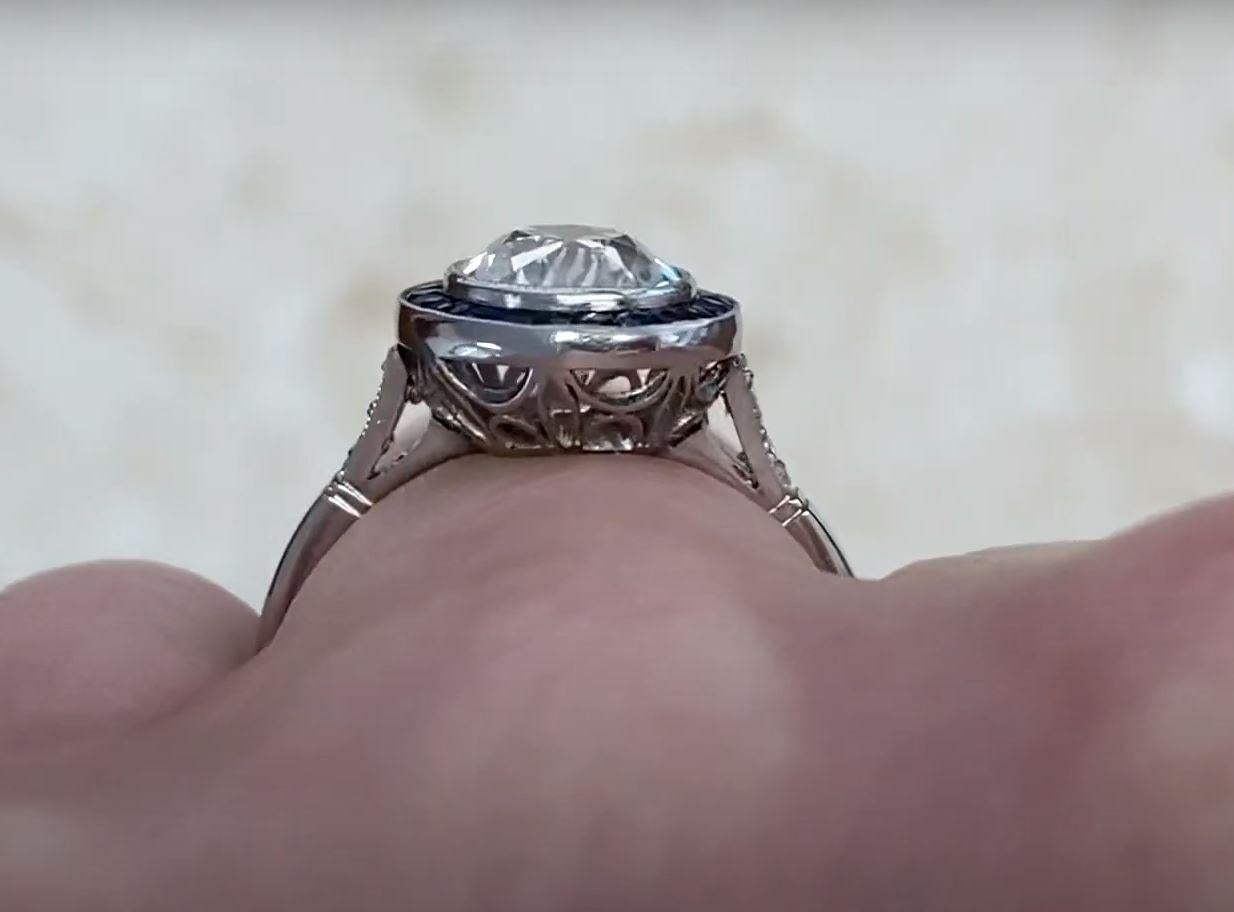 1.58 Carat Old Euro-Cut Diamond Engagement Ring, Sapphire Halo, Platinum 1
