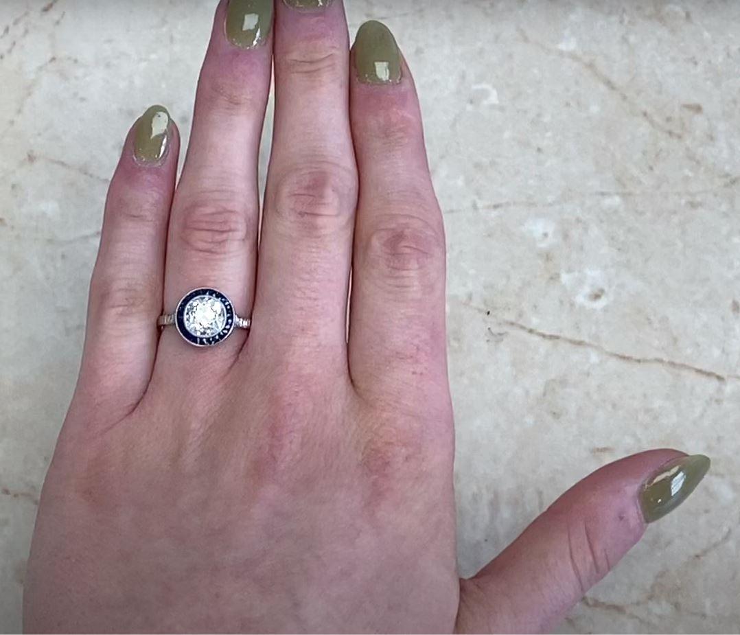 1.58 Carat Old Euro-Cut Diamond Engagement Ring, Sapphire Halo, Platinum 2