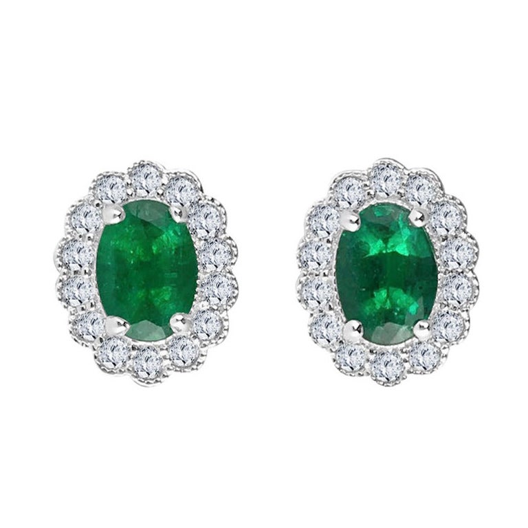 1.58 Carat Oval Emerald and 0.5 Ct Nat Diamond Milgrain Flower Earrings ref1555 For Sale