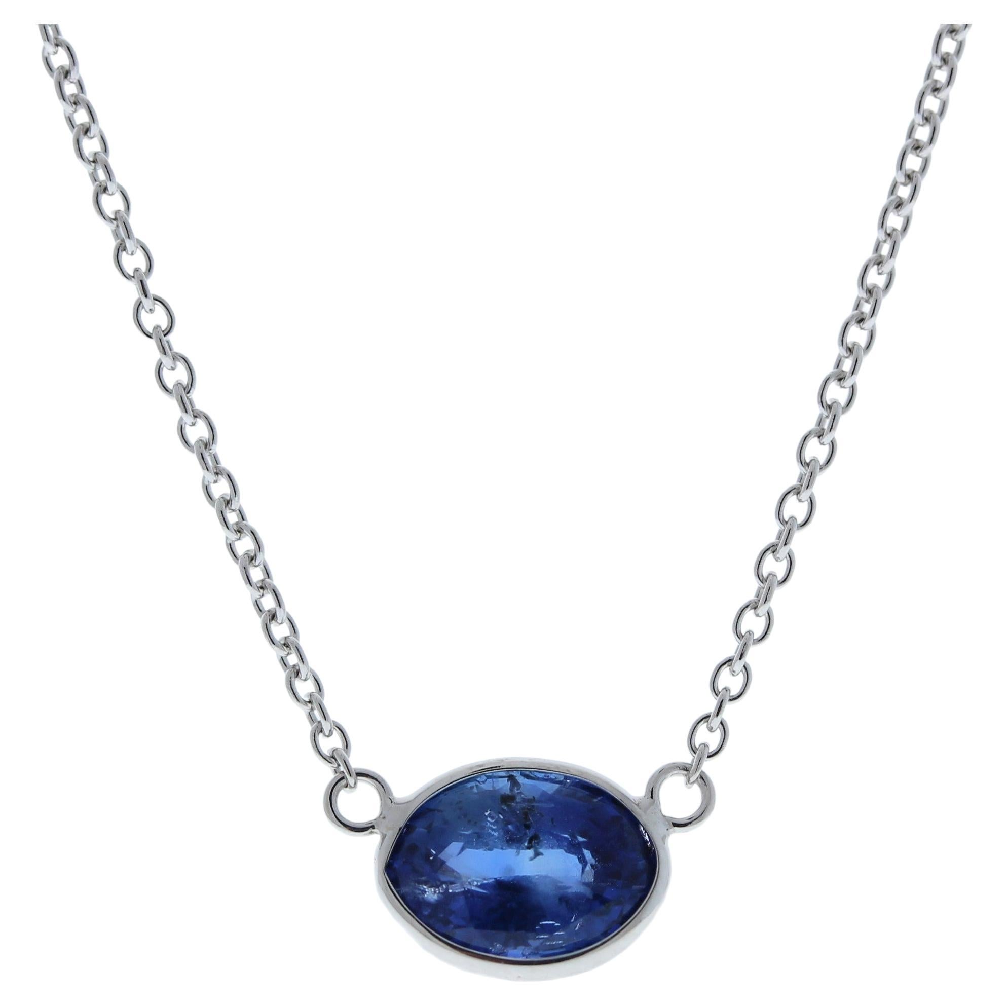 1.58 Carat Oval Sapphire Blue Fashion Necklaces In 14k White Gold For Sale