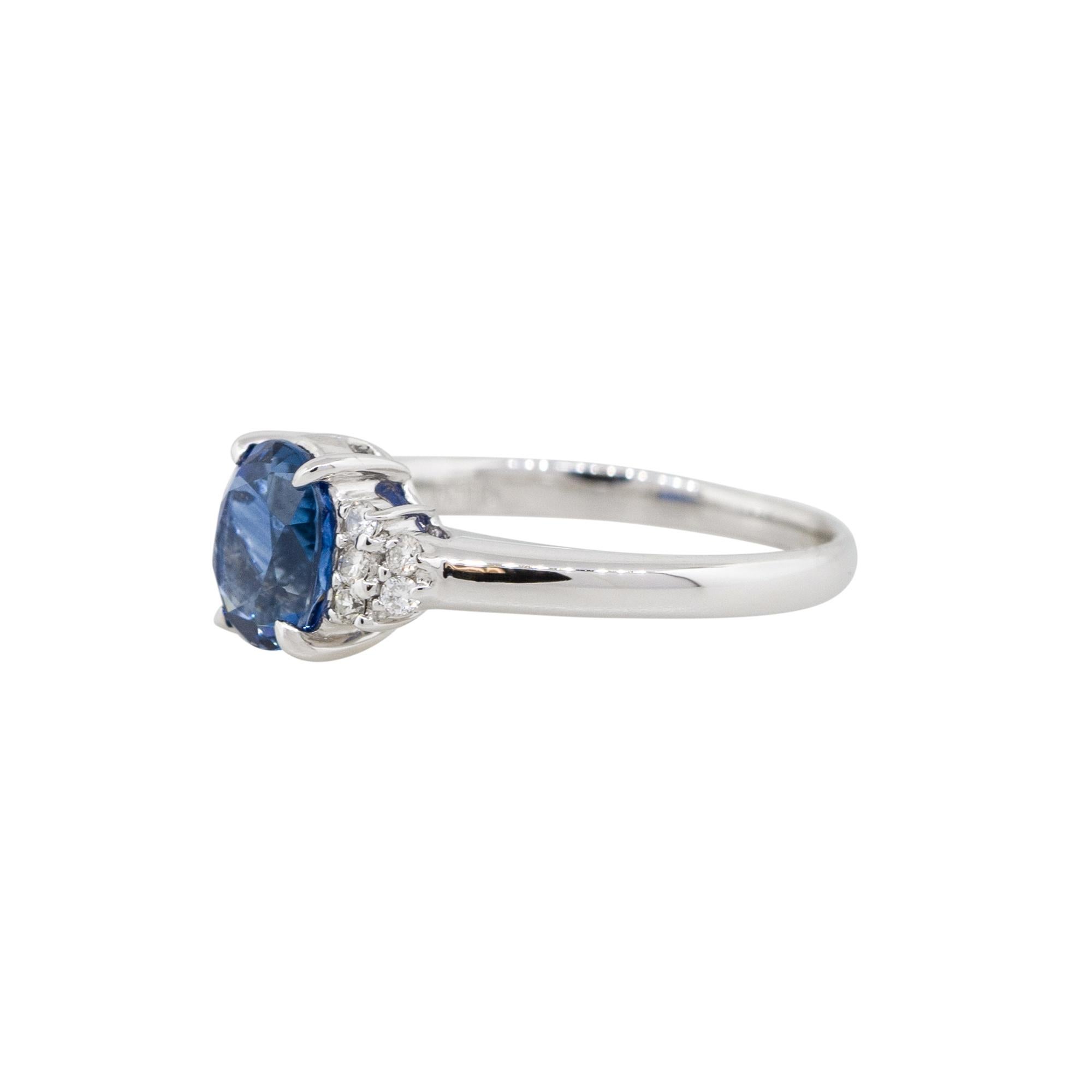 Material: Platinum
Gemstone details: Approx. 1.58ctw oval shaped Sapphire gemstone
Diamond details: Approx. 0.11ctw of round cut diamonds. Diamonds are G/H in color and VS in clarity
Ring Size: 5.75   
Ring Measurements: 0.75