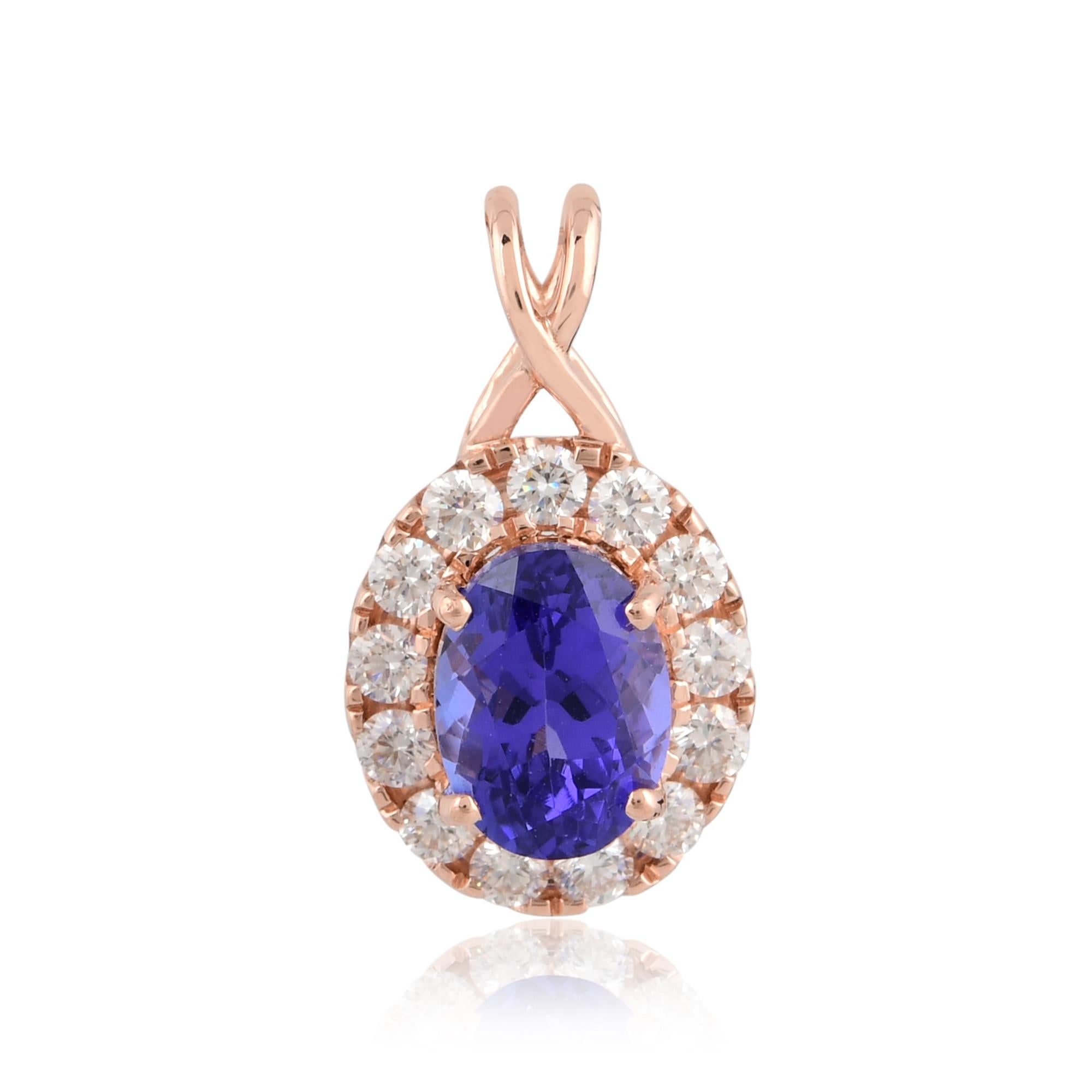 Taglio ovale Charm di tanzanite ovale da 1,58 carati Ciondolo con pavé di diamanti da 0,40 carati Oro rosa 18 carati in vendita