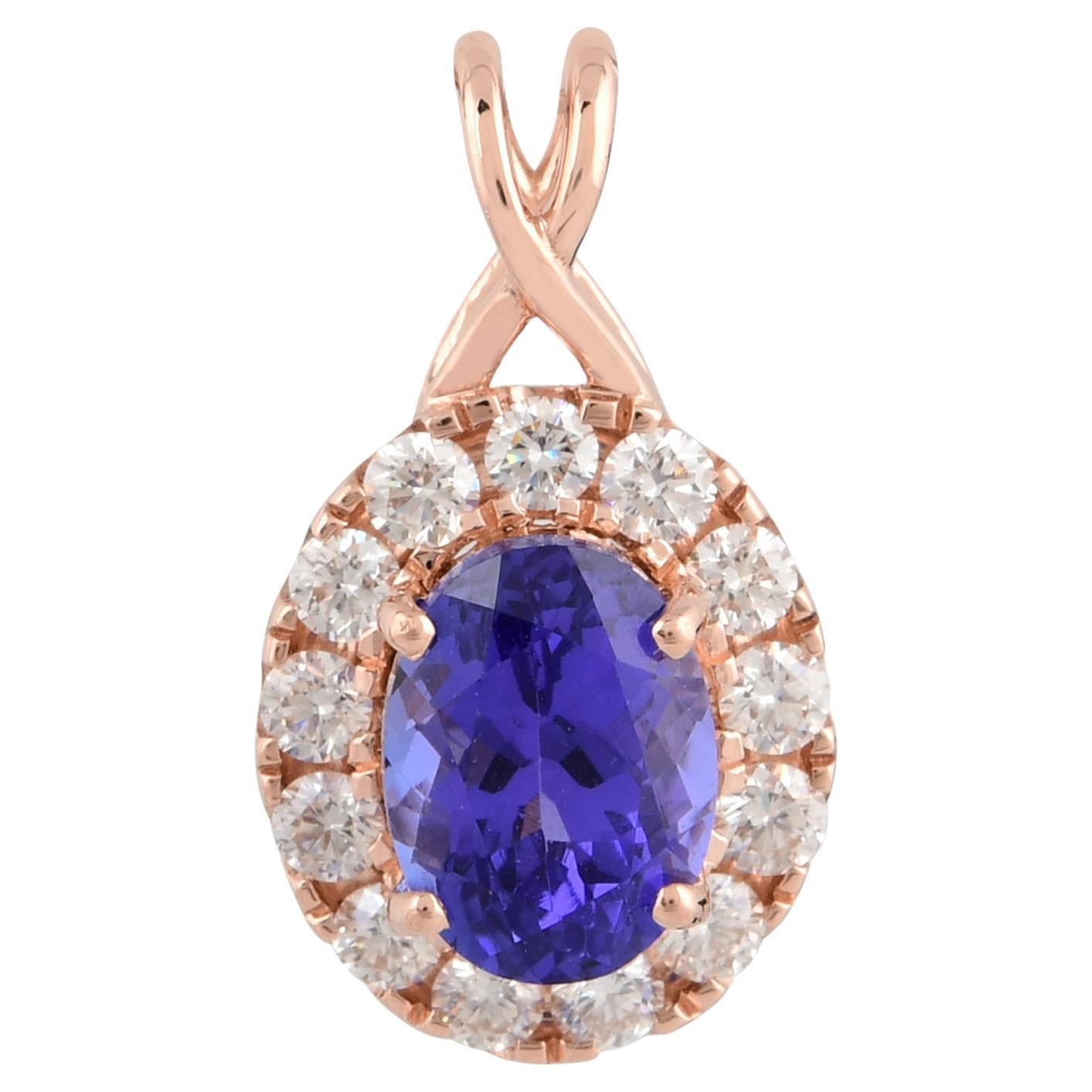 1,58 Karat Oval Tansanit Charme 0,40 Ct Diamant Pave Anhänger 18 Karat Rose Gold