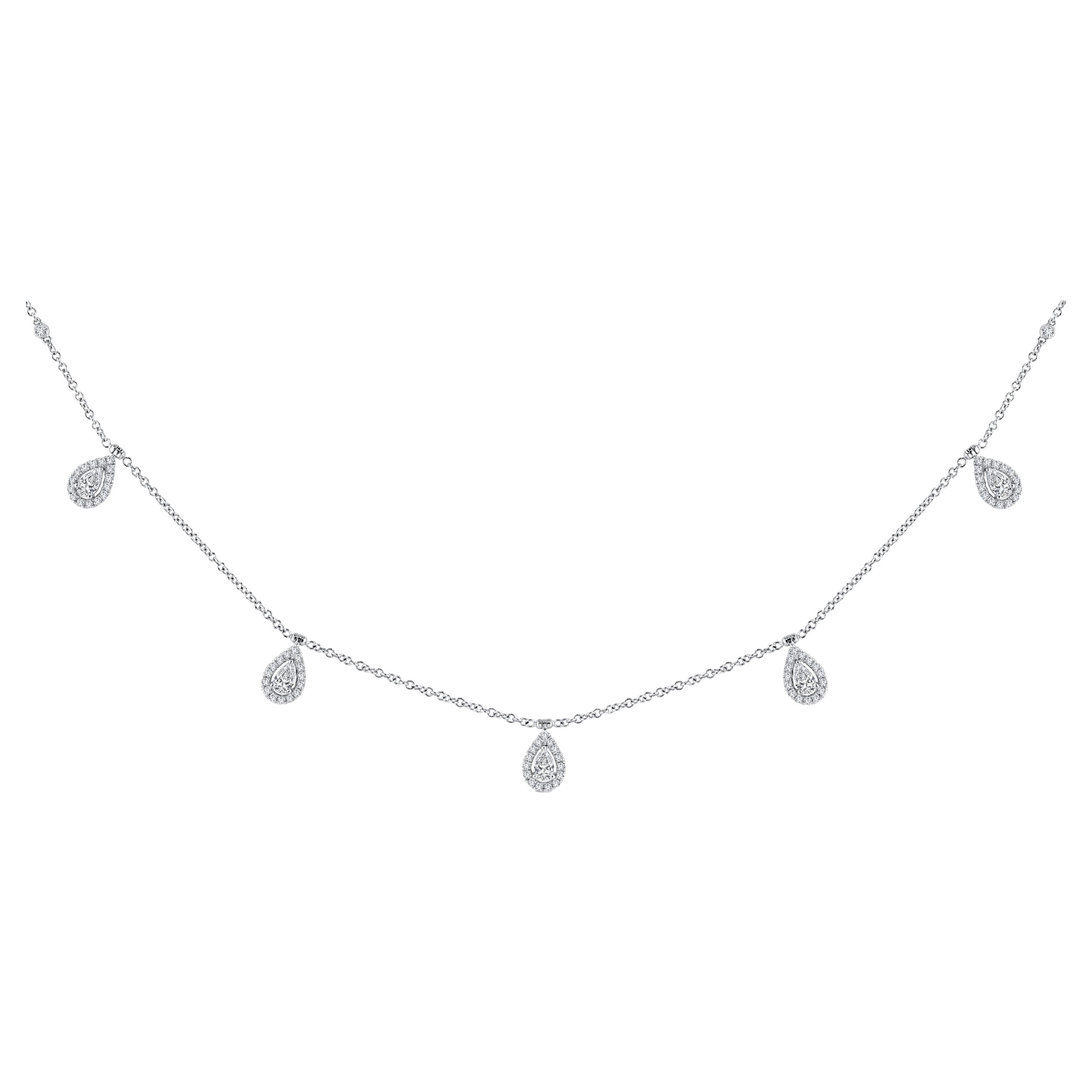 1.58 Carat Total Weight Pear Diamond Halo Station Necklace in 14k White Gold