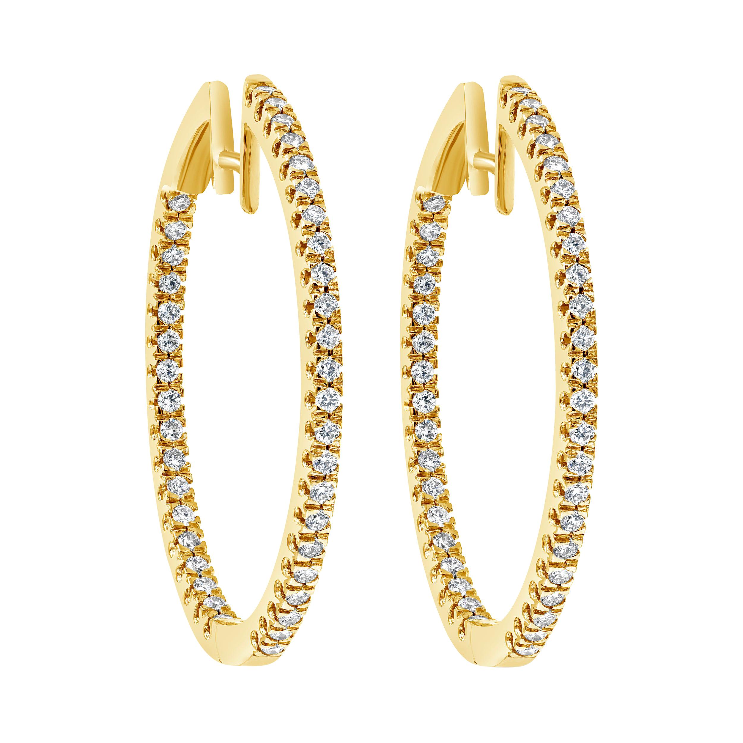 1.58 Carat Round Diamond Hoop Earrings in 18 Karat Yellow Gold