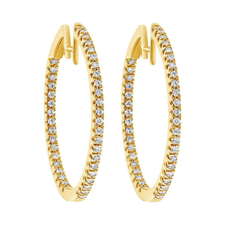 1.58 Carat Round Diamond Hoop Earrings in 18 Karat Yellow Gold