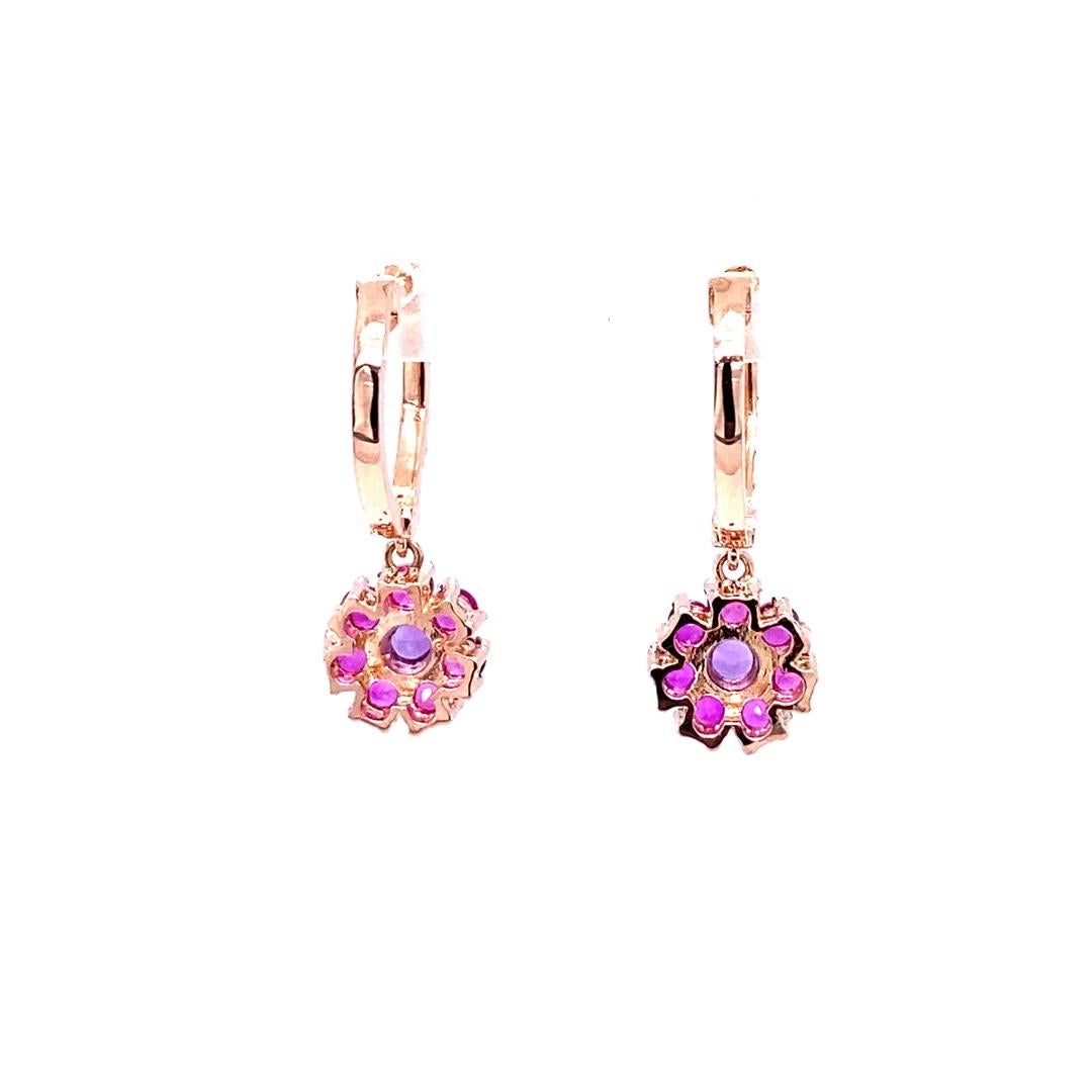 Round Cut Pink Sapphire Amethyst  Diamond Rose Gold Drop Earrings