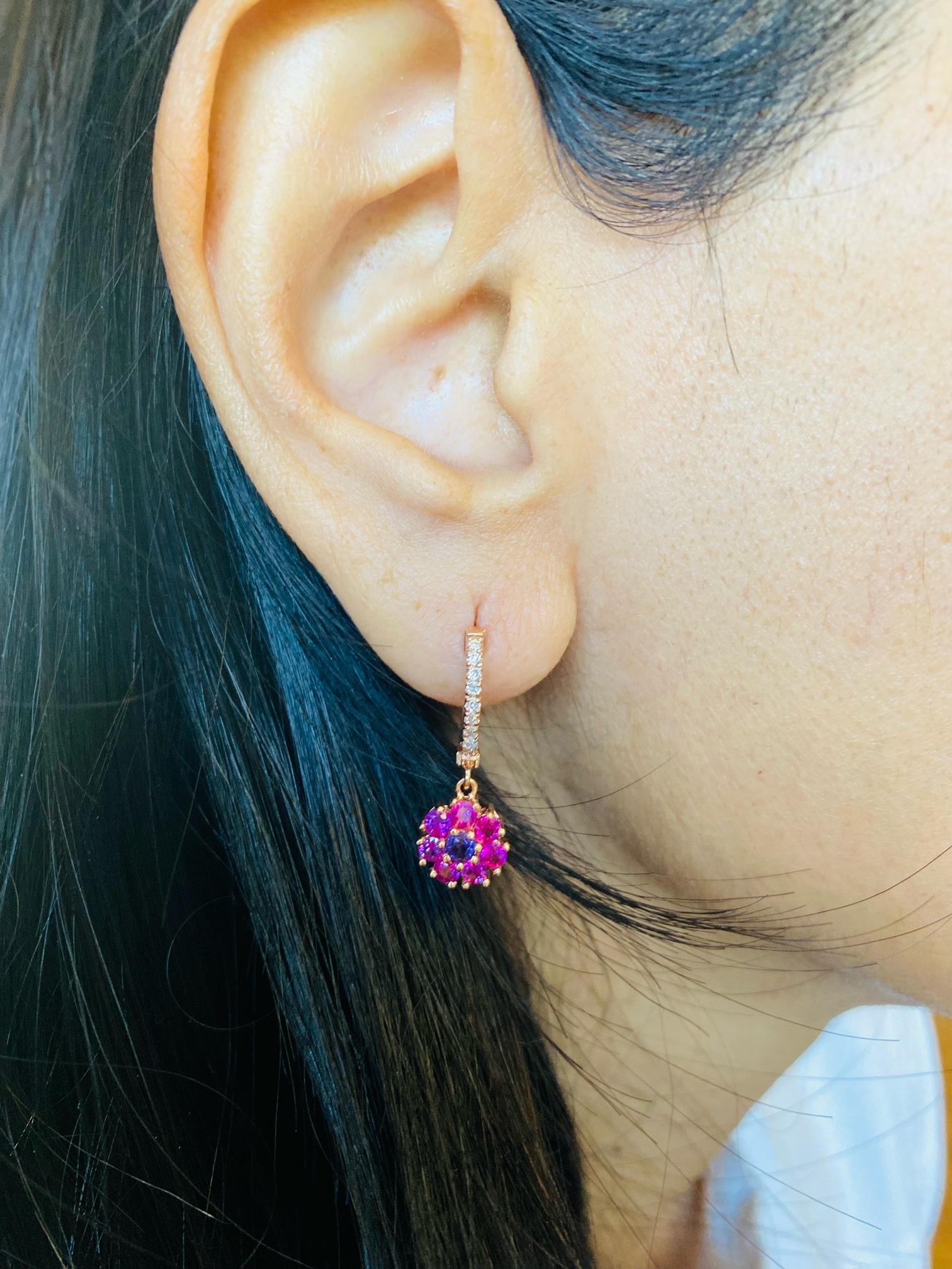 Pink Sapphire Amethyst  Diamond Rose Gold Drop Earrings In New Condition In Los Angeles, CA