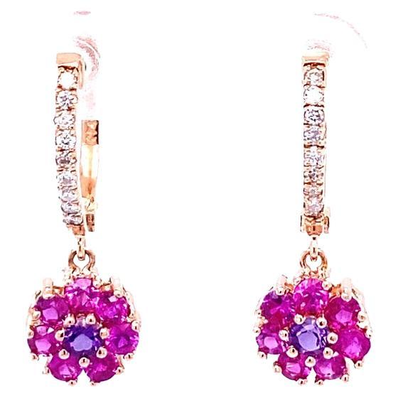 Pink Sapphire Amethyst  Diamond Rose Gold Drop Earrings