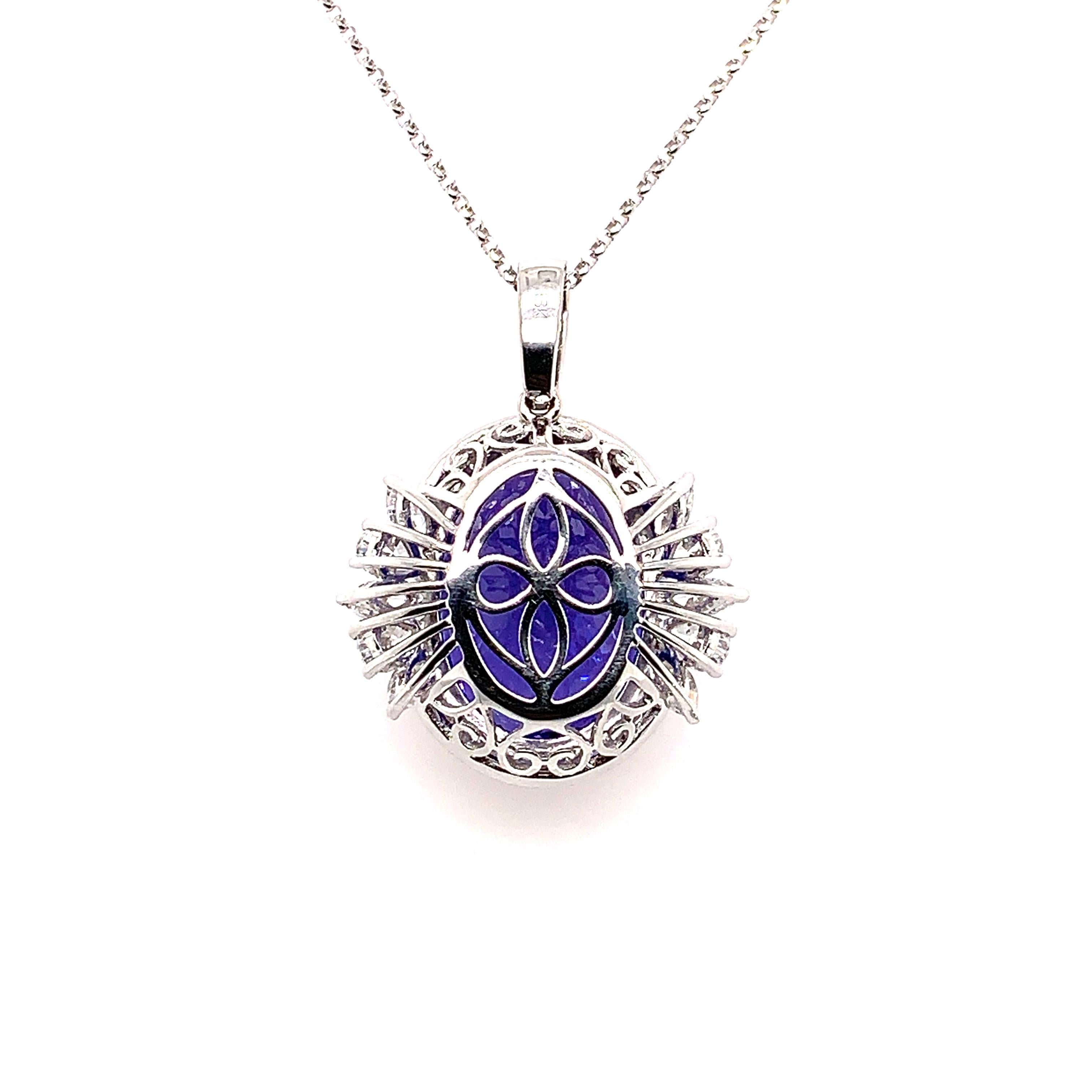 Oval Cut 15.8 Carat Tanzanite and White Diamond Pendant in 18 Karat White Gold For Sale