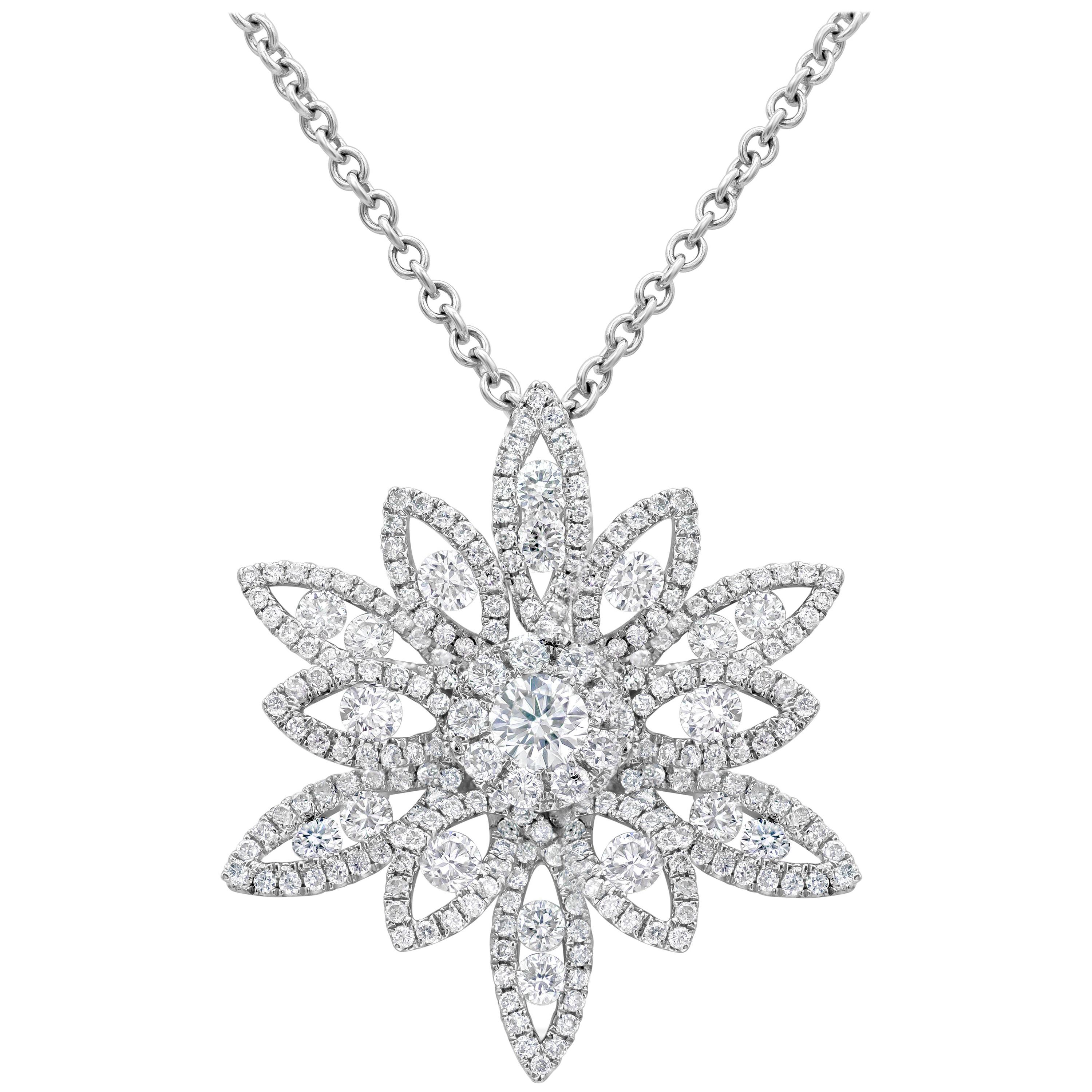 Roman Malakov 1.58 Carats Total Round Diamond Cluster Flower Pendant Necklace For Sale