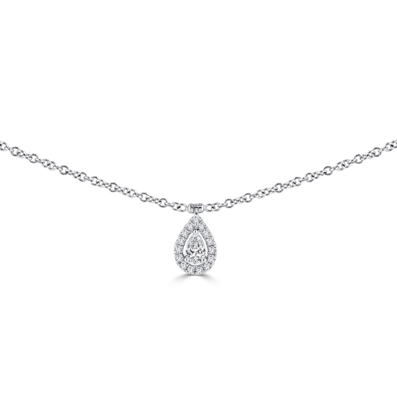 Pear Cut 1.58 Carat Total Weight Pear Diamond Halo Station Necklace in 14W Gold ref87 For Sale