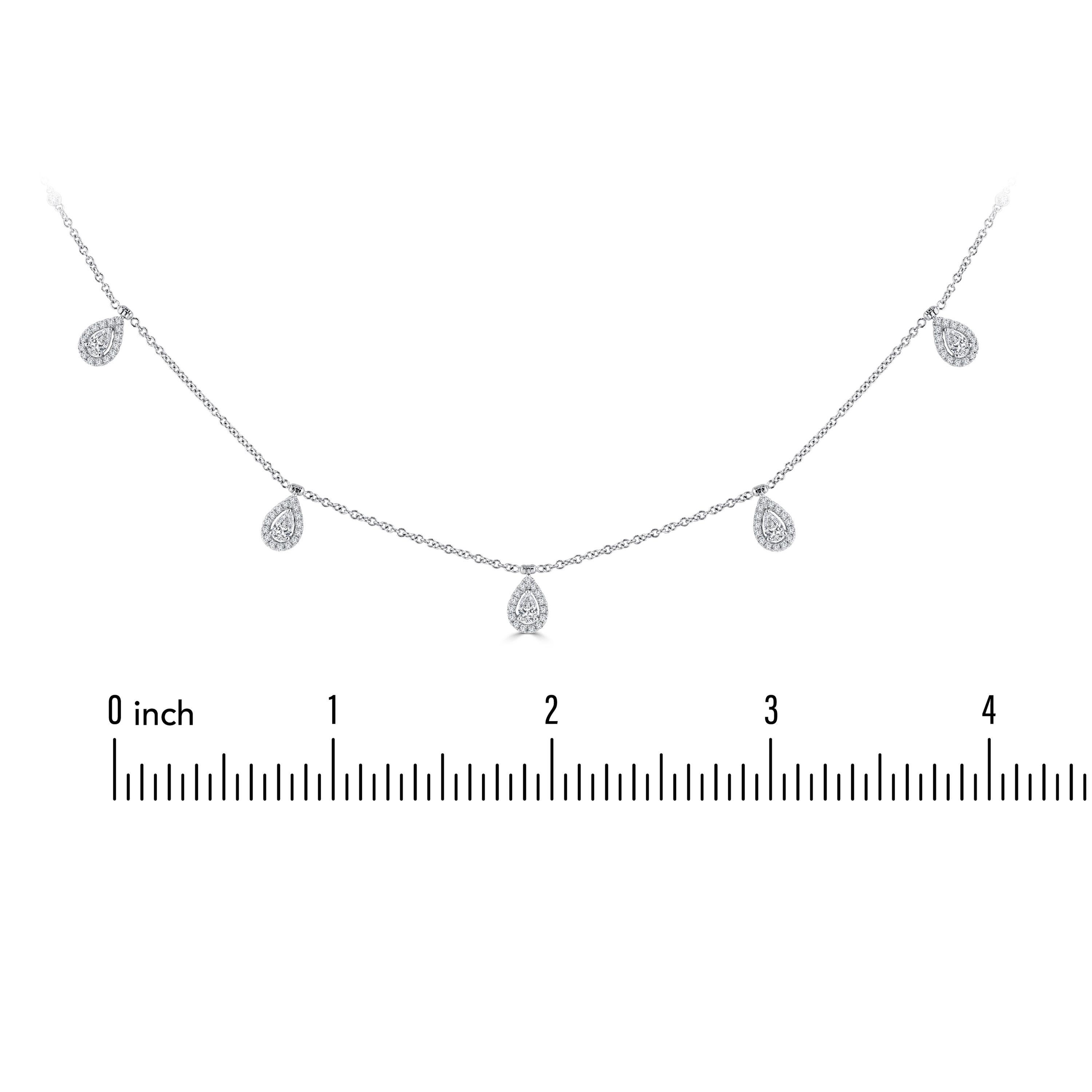 1.58 Carat Total Weight Pear Diamond Halo Station Necklace in 14W Gold ref93 For Sale 1