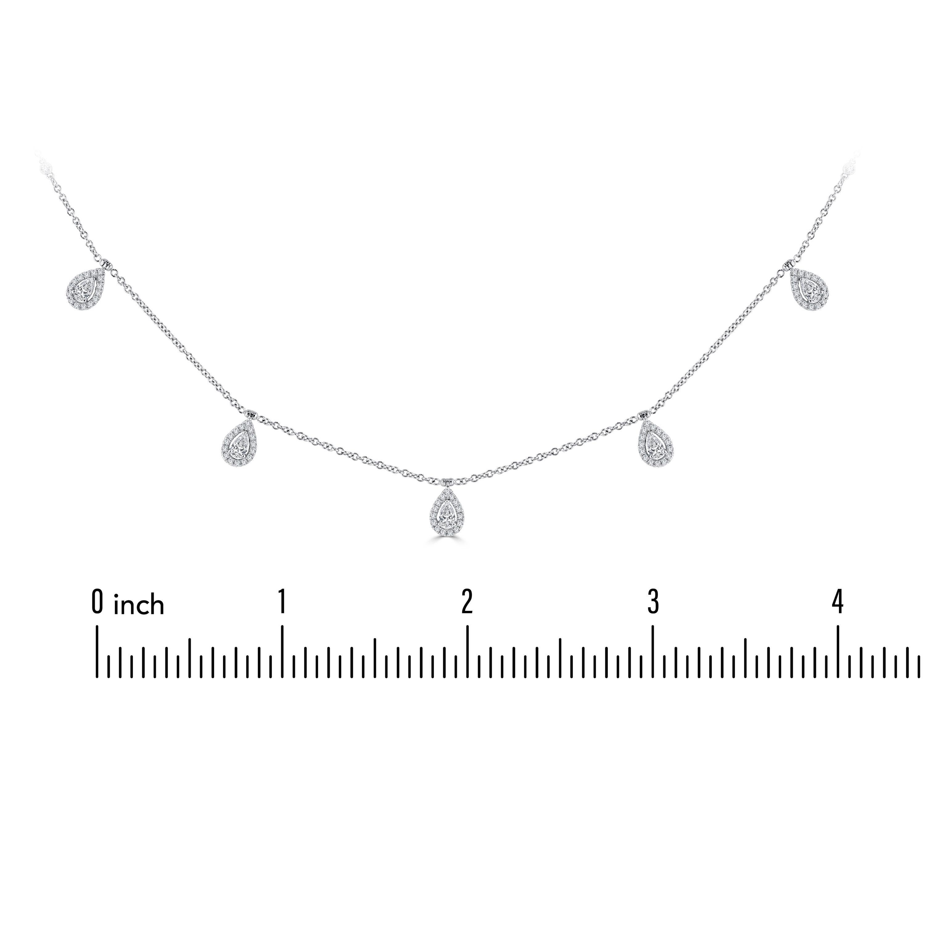 1.58 Carat Total Weight Pear Diamond Halo Station Necklace in 14W Gold ref87 For Sale 1