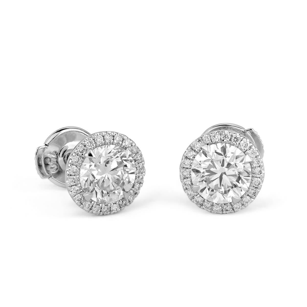 Round Cut 1.58 Carat VVS2 Natural White Round Diamond 18 Karat White Gold Stud Earrings For Sale