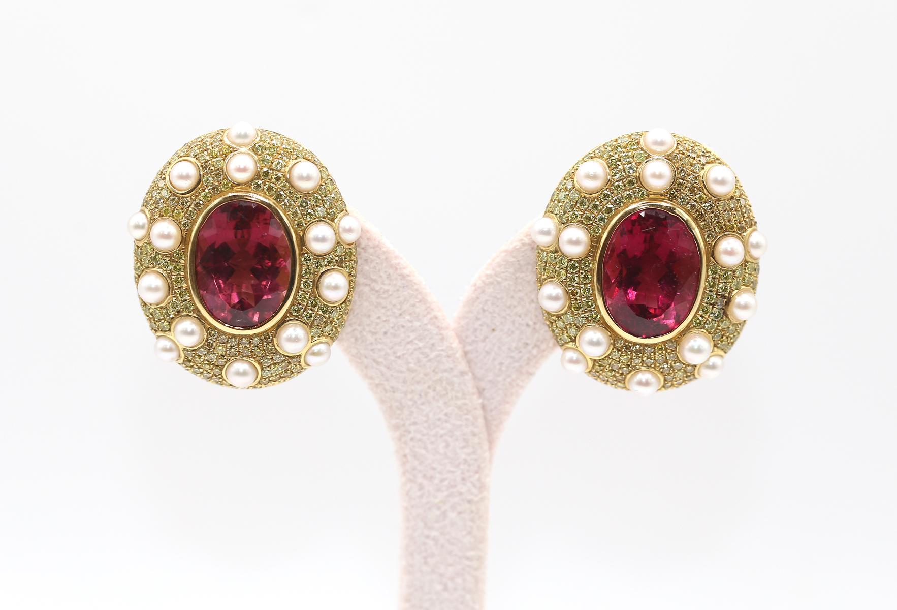 15.8 Carats Tourmaline Fancy Yellow Diamonds Pearls Earrings 18K Gold. 

The earrings are massive, perfectly reflecting that it was designed in the 90-es. 

The craftsmanship is just outstanding as hundreds of fine  Fancy Yellow Round-cut Diamonds