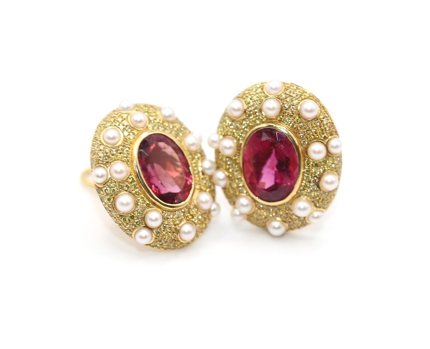 Oval Cut 15.8 Carats Tourmaline Fancy Yellow Diamonds Pearls Earrings 18K Gold, 1999