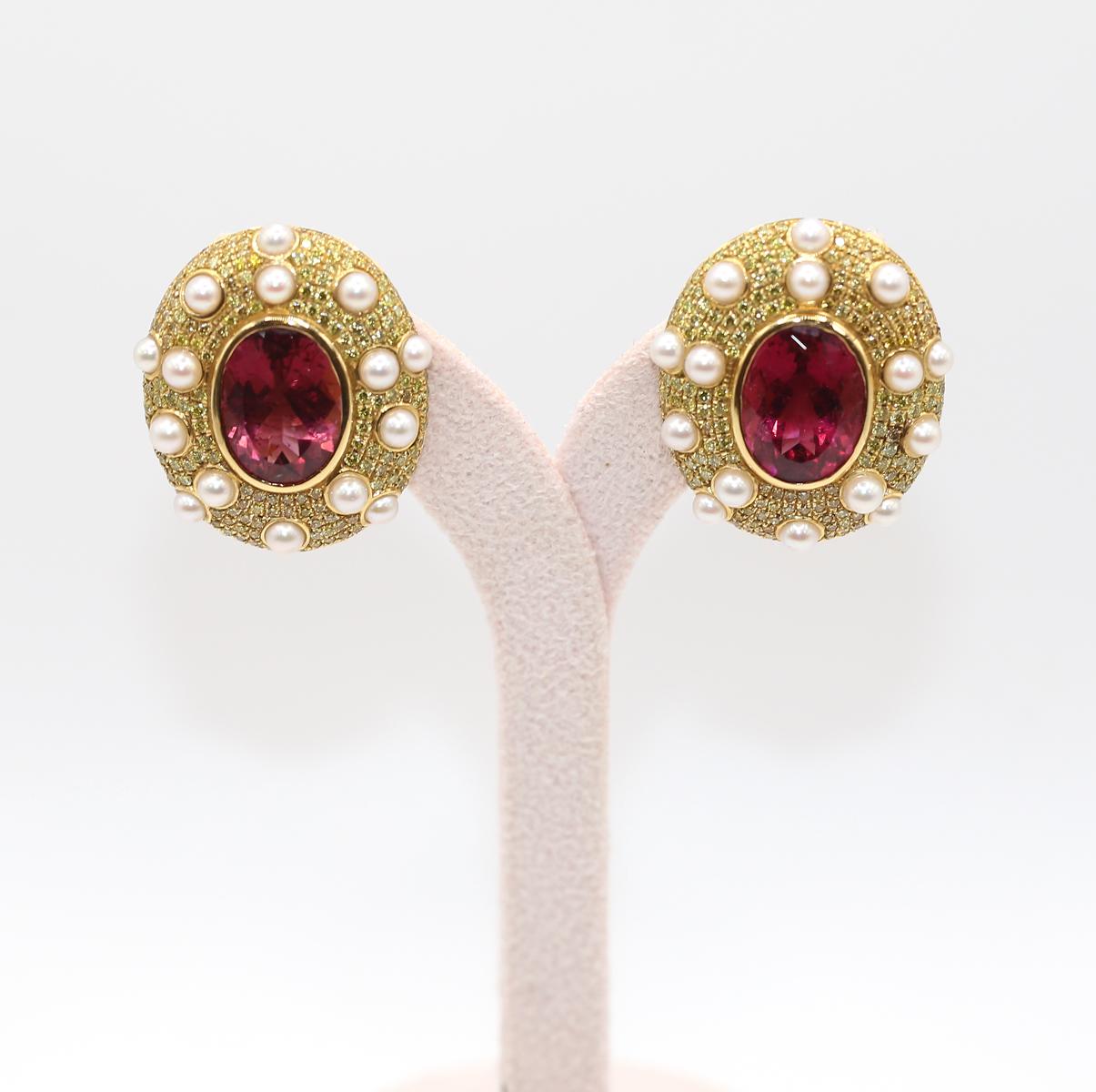15.8 Carats Tourmaline Fancy Yellow Diamonds Pearls Earrings 18K Gold, 1999 In Good Condition In Herzelia, Tel Aviv
