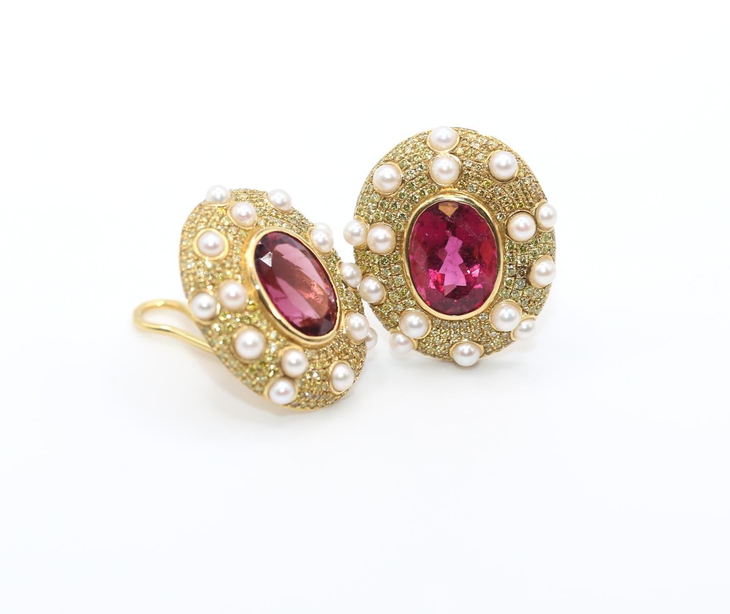 15.8 Carats Tourmaline Fancy Yellow Diamonds Pearls Earrings 18K Gold, 1999 4