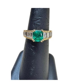 1.58 Ct Cushion Cut Colombian Emerald & 1.5 Ct Diamond Ring in 18K Yellow Gold