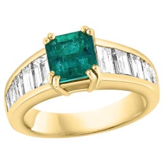 1.58 Ct Cushion Cut Colombian Emerald & 1.5 Ct Diamond Ring in 18K Yellow Gold