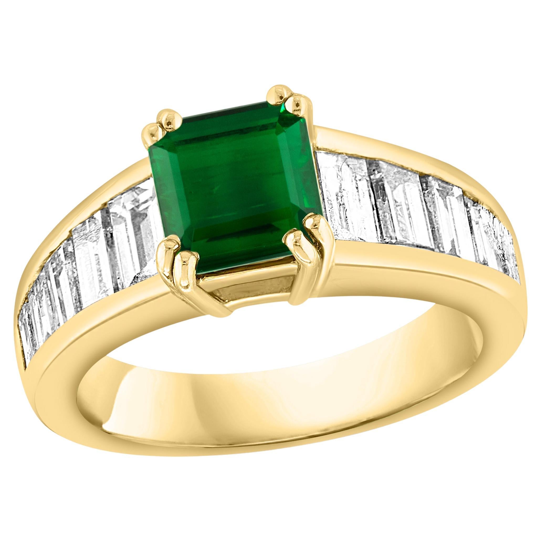 1.58 Ct Cushion Cut Colombian Emerald & 1.5 Ct Diamond Ring in 18K Yellow Gold