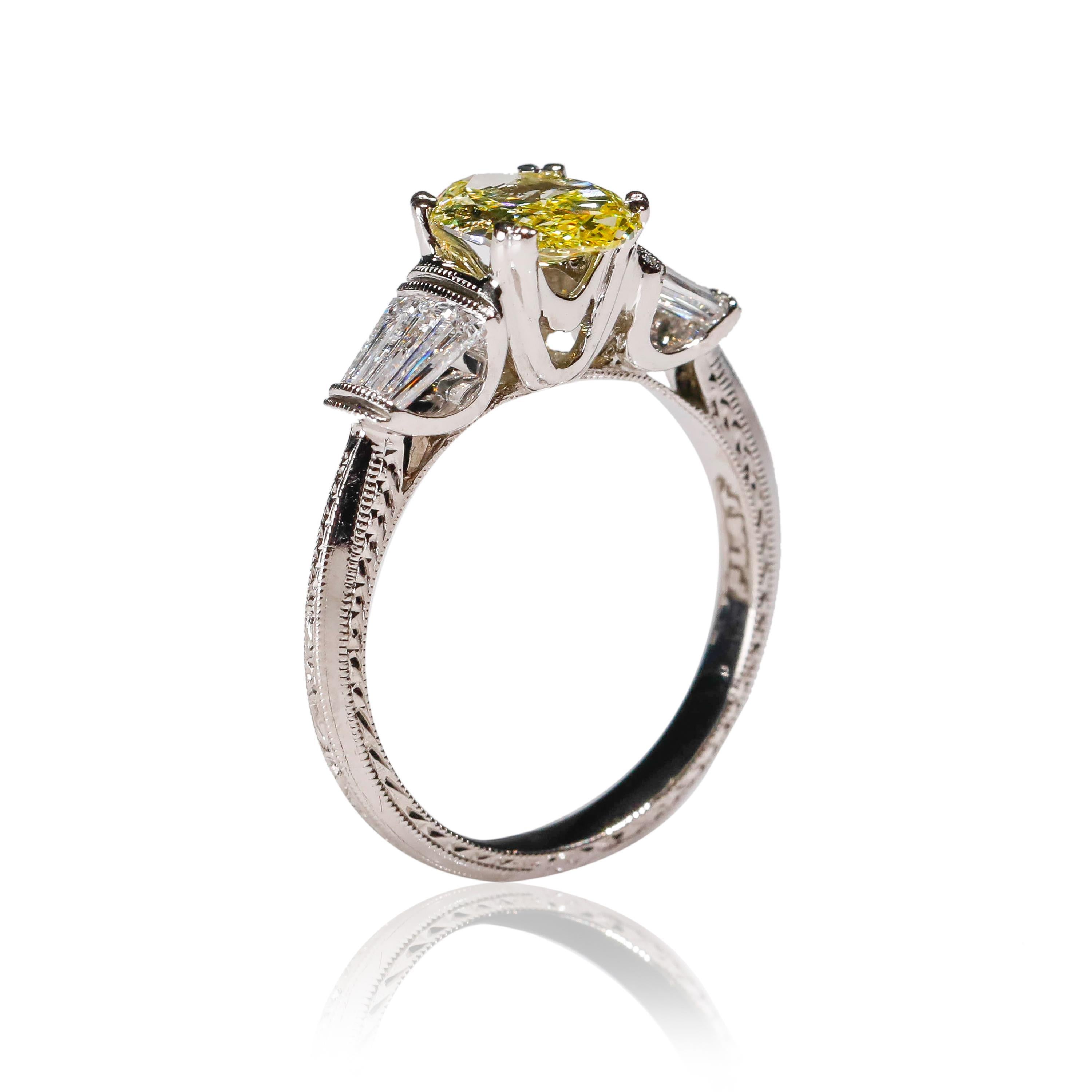 Modern 1.58 Carat Oval Yellow Diamond Baguette Platinum Ring by Tacori